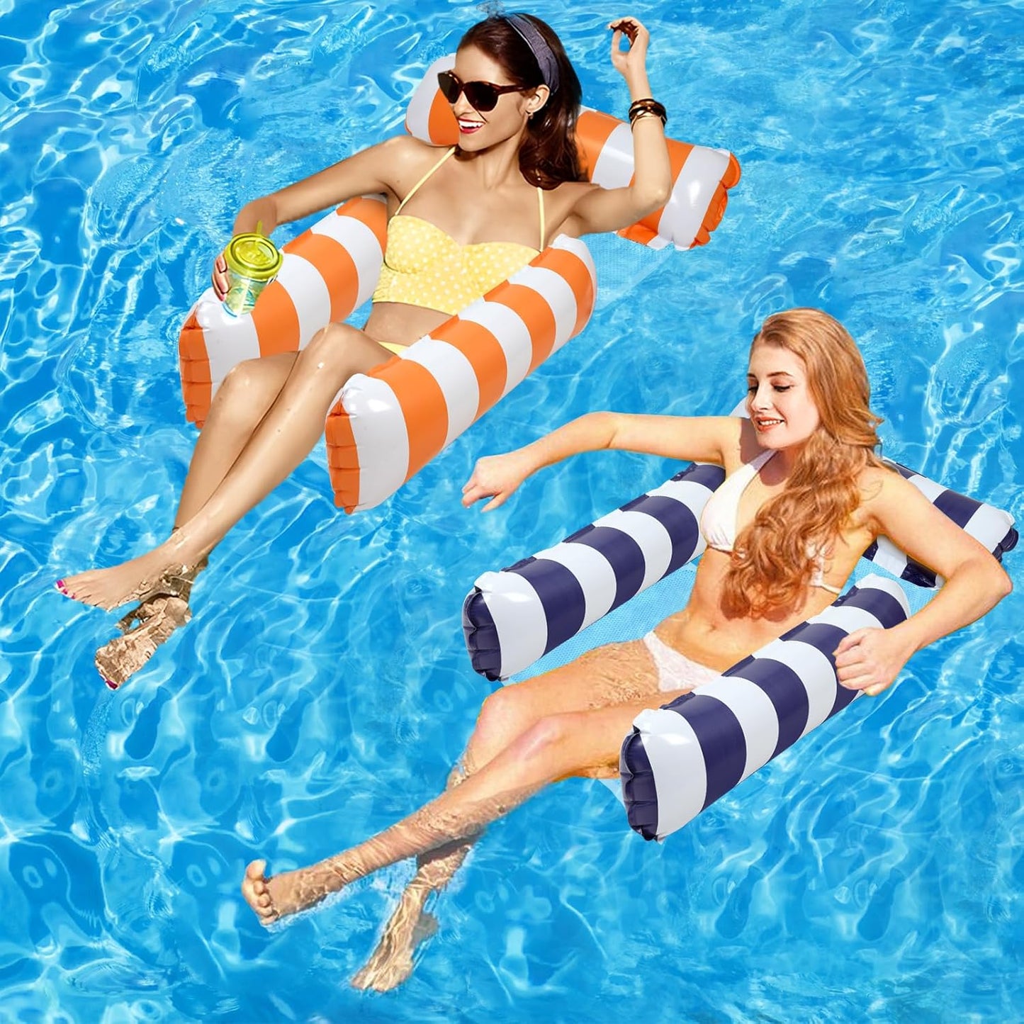 Jasonwell 2-Pack Inflatable Pool Floats – 4-in-1 Hammock with Mesh Bottom, Floating Chair Bed for Adults, Dark Blue & Orange