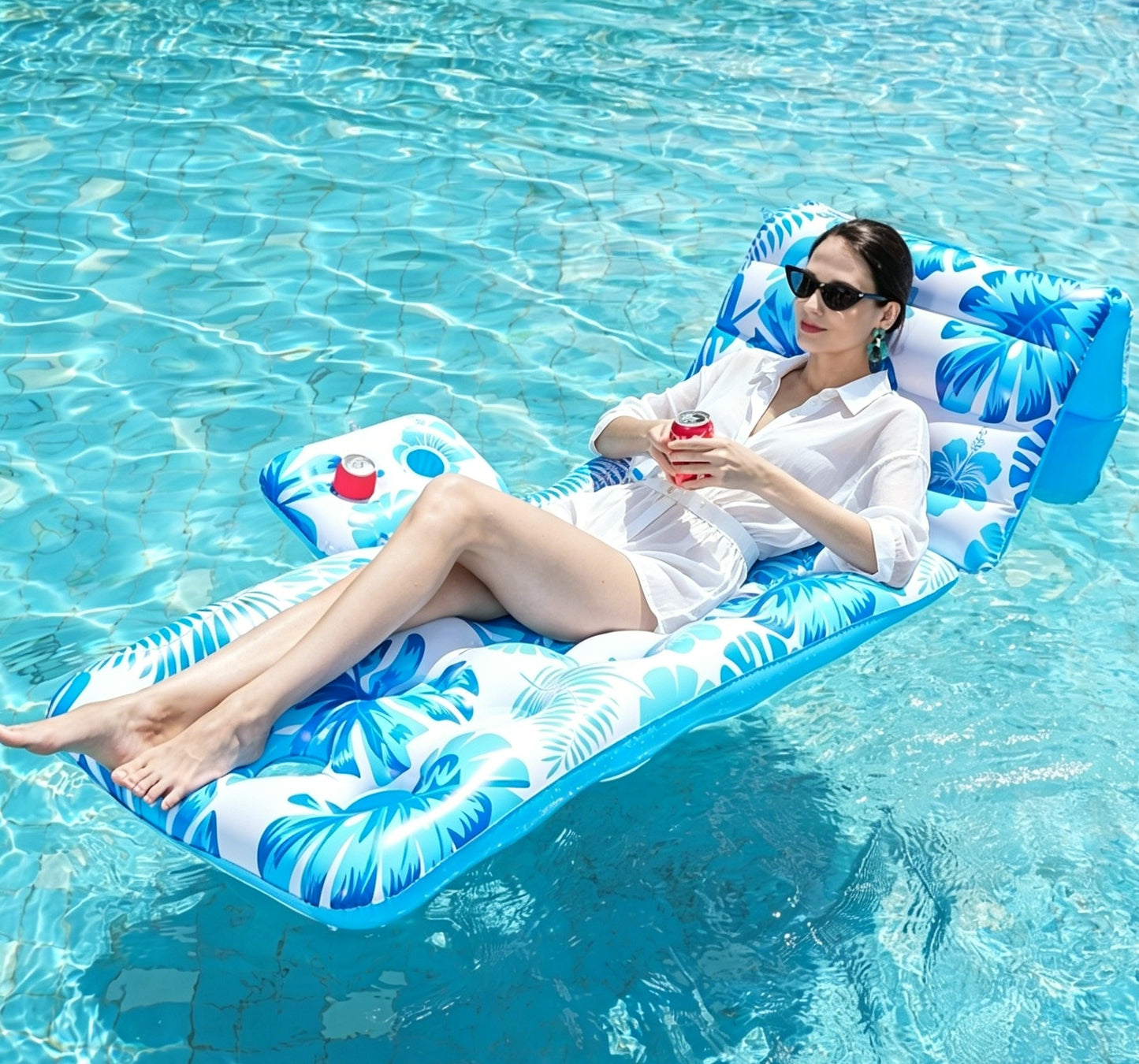 HeyGo 71"x35" Inflatable Pool Float Lounger, Blue Floral Reclining Raft with Headrest, Portable PVC Bed for Beach & Lake Fun