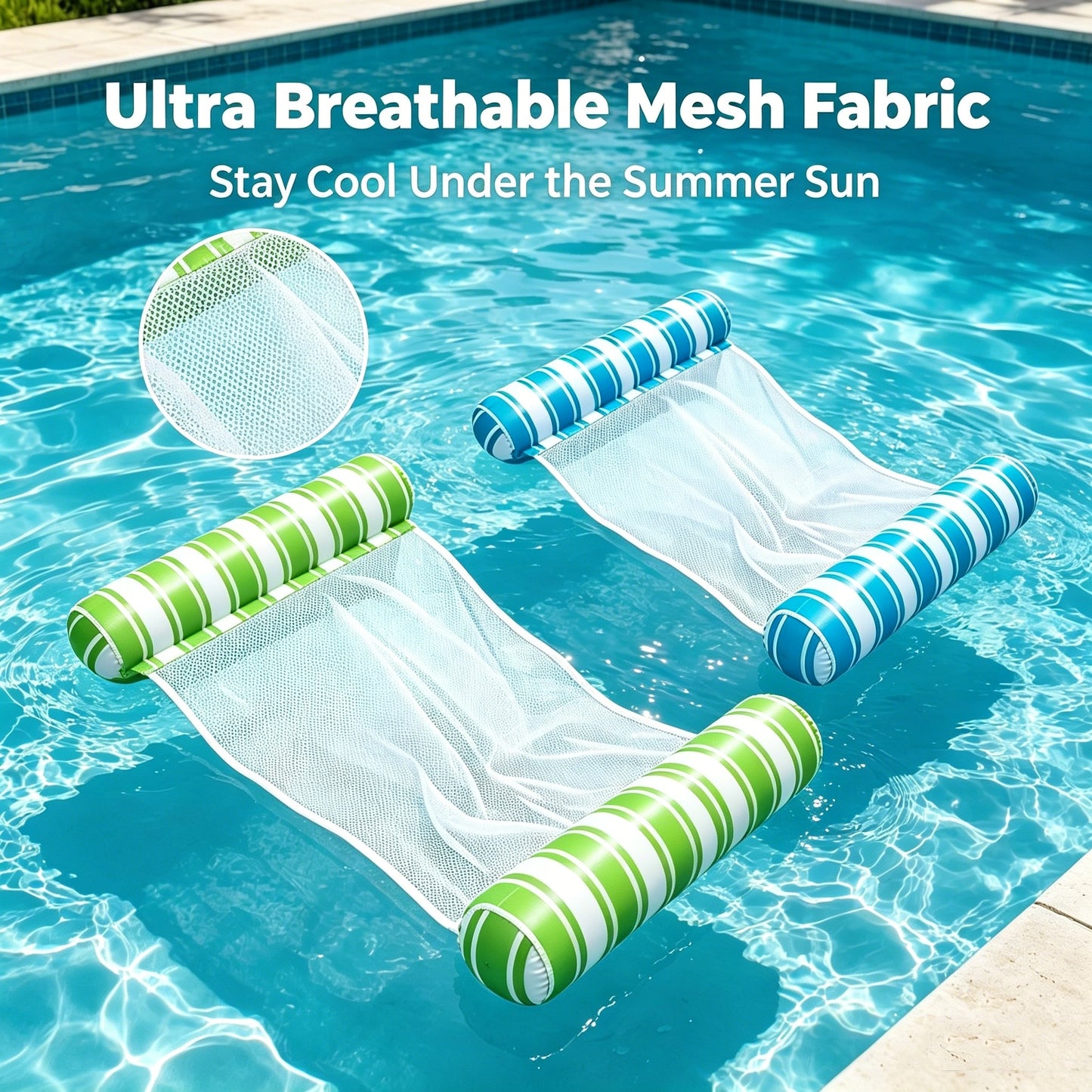 HeyGo 2-Pack 4-in-1 Inflatable Pool Floats (48x32 in) Thick Leak-Proof Water Hammock Raft (Blue & Green Stripe) for Pool