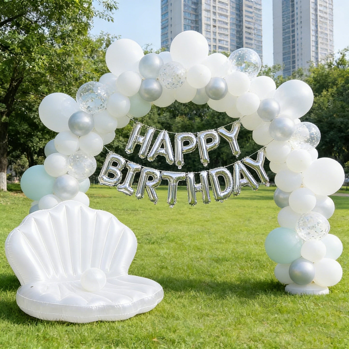 HeyGo 41" Giant Clam Pool Float with Pearl Ball - White Inflatable Shell for Kids, Mermaid Birthday Party & Beach Fun