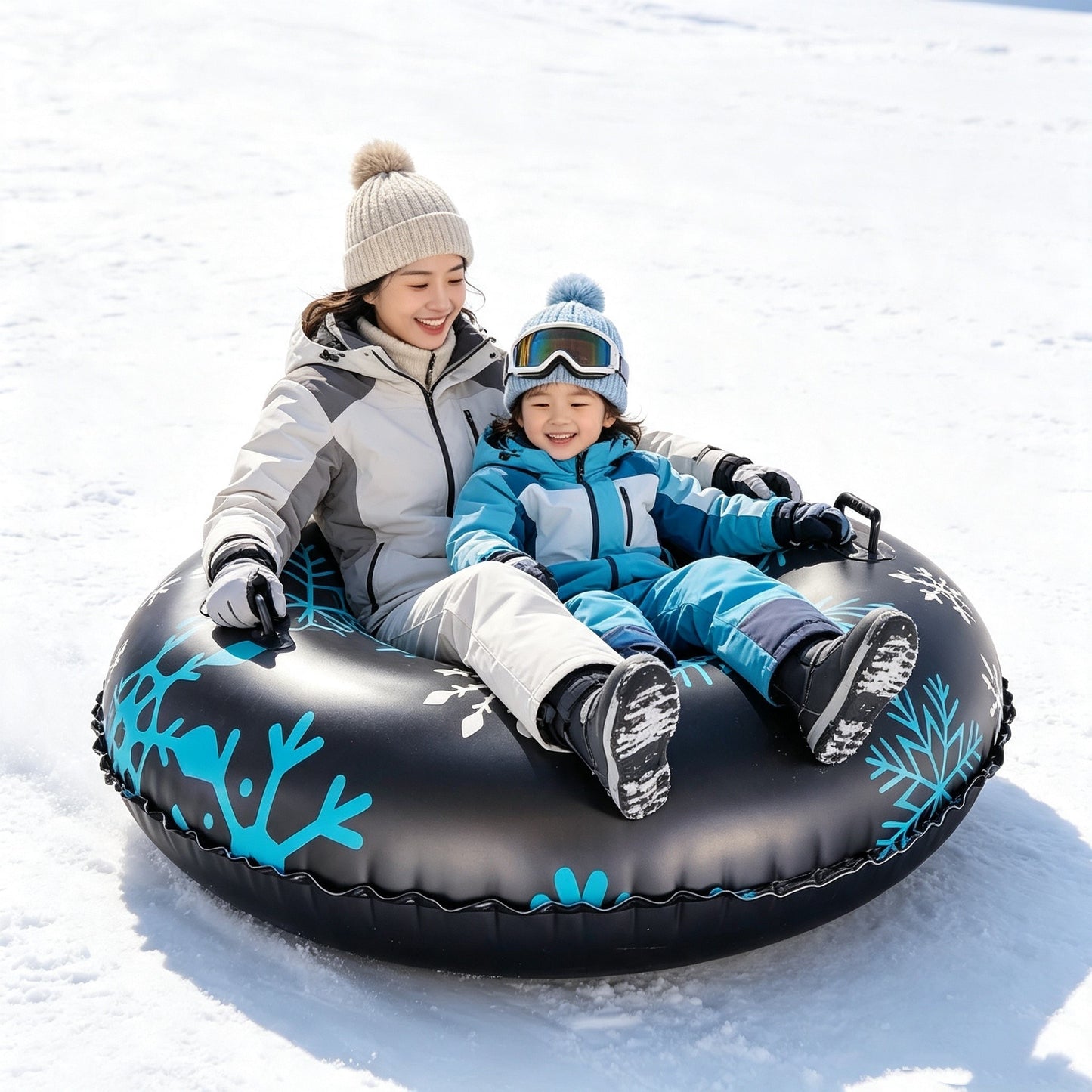 47 Inch Black Inflatable Snow Tube, Heavy-Duty PVC Sled with Sturdy Handles, Family Winter Outdoor Sledding Toy for Christmas & Thanksgiving Holiday Activities