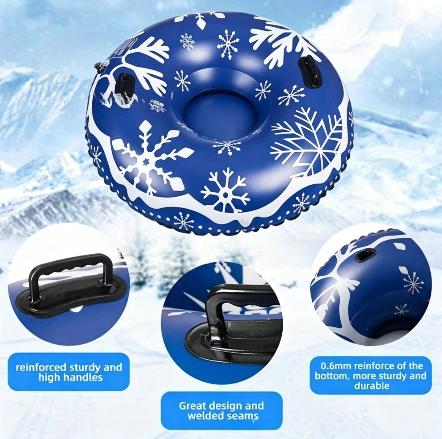 47 Inch Blue Inflatable Snow Tube Sled with 2 Reinforced High Handles, Heavy-Duty Reinforced Bottom Winter Sled for Family Outdoor Games & Christmas Activities