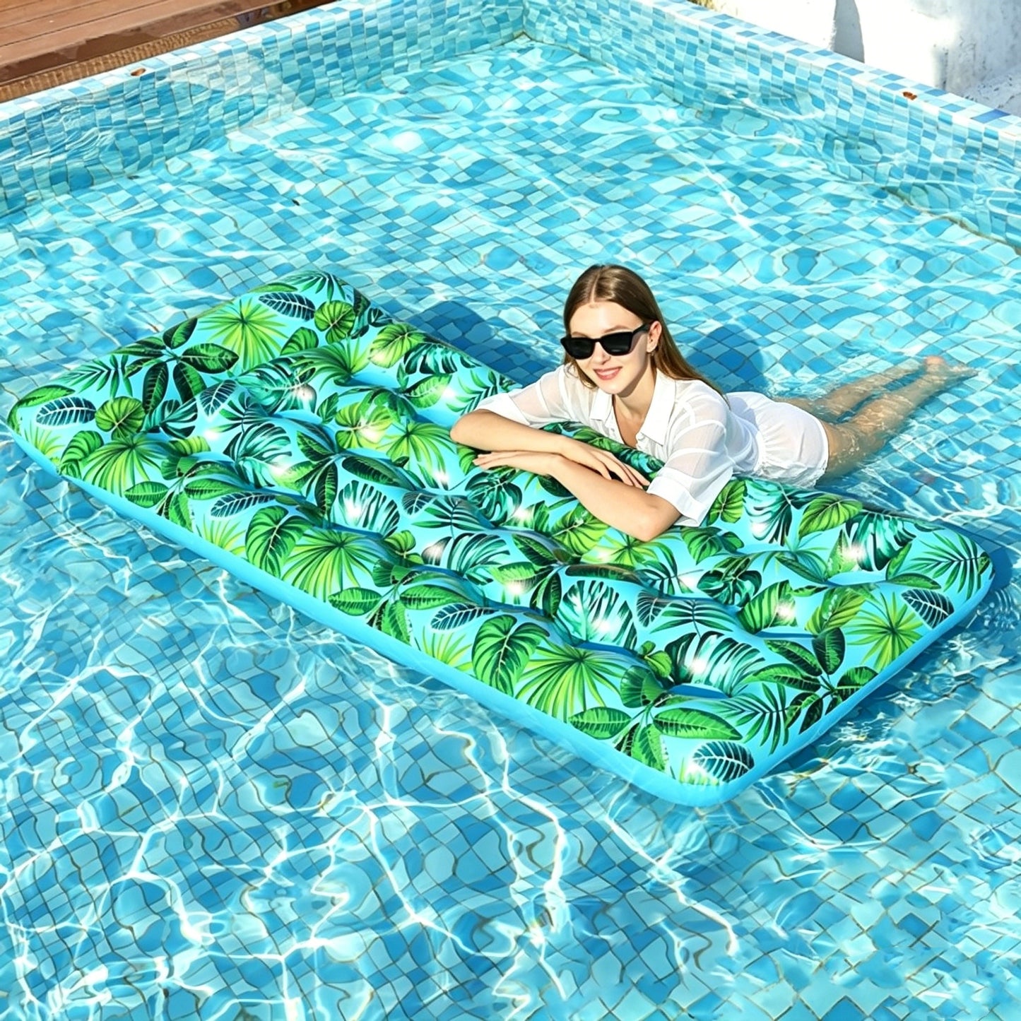 HeyGo 71"x34" Inflatable Pool Float, 21-Hole Green Adult Lounger with Headrest and Drink Holder, Heavy Duty for Pools & Beaches