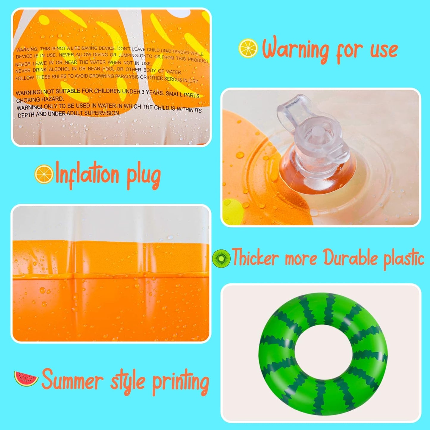 Jasonwell 3PCS Fruit Pool Floats – Watermelon, Orange & Lime Inflatable Swimming Rings for Kids & Adults, Colorful Set