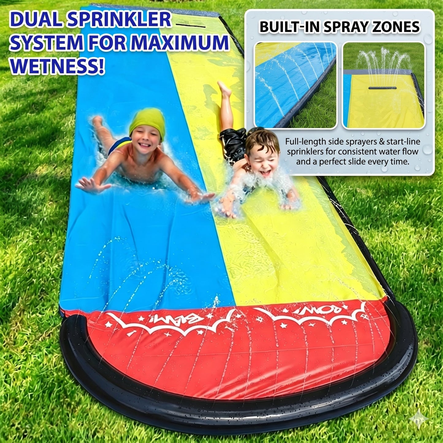 HeyGo Double Lane Water Slide with 2 Inflatable Boards 189" x 57" Lawn Slip Sprinkler for Kids and Adults Summer Outdoor Fun Toy