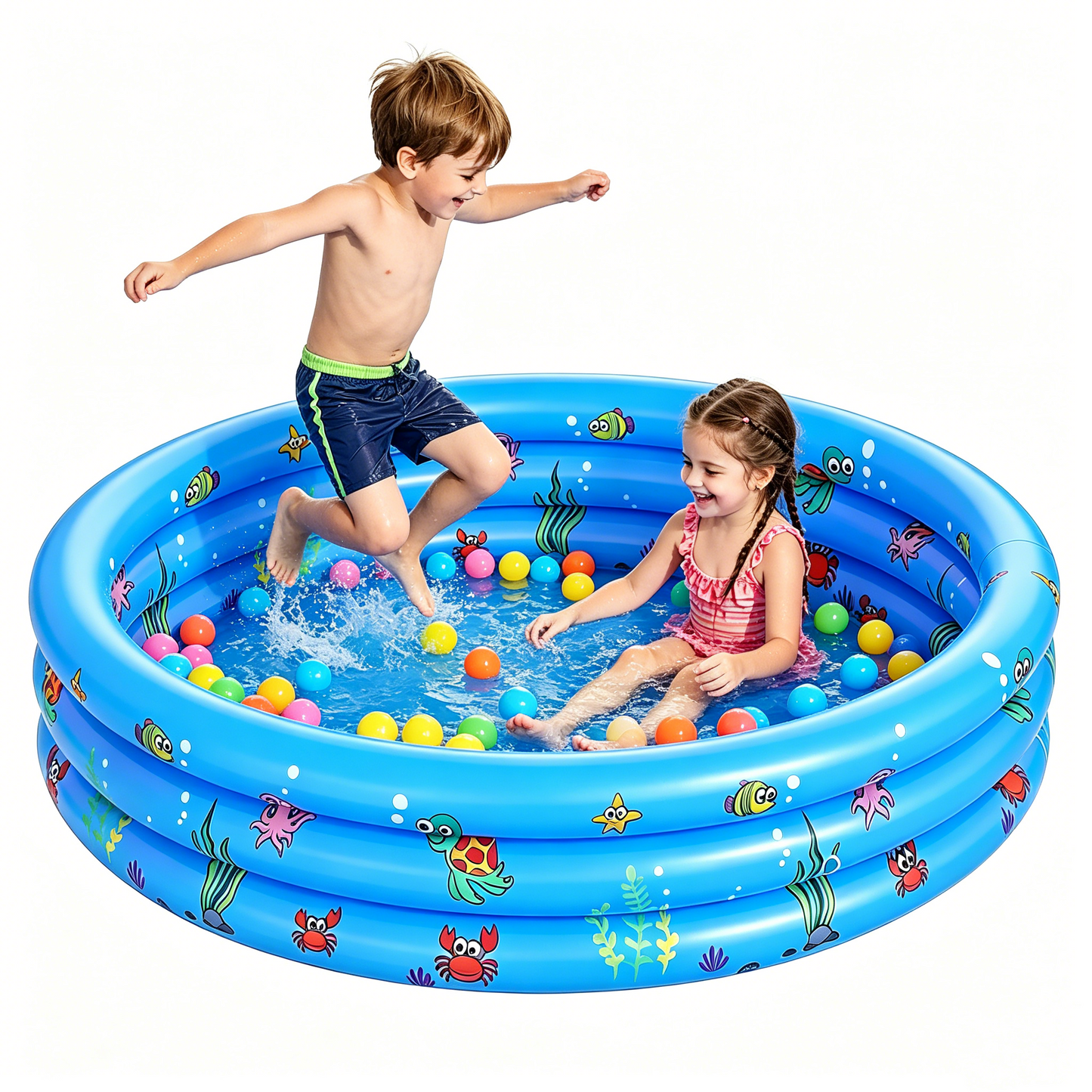 HeyGo 40"x15" Inflatable Kiddie Pool - 3-Ring Blue Baby Swimming Pool with Sea Animal Prints for Toddlers Backyard Summer Fun