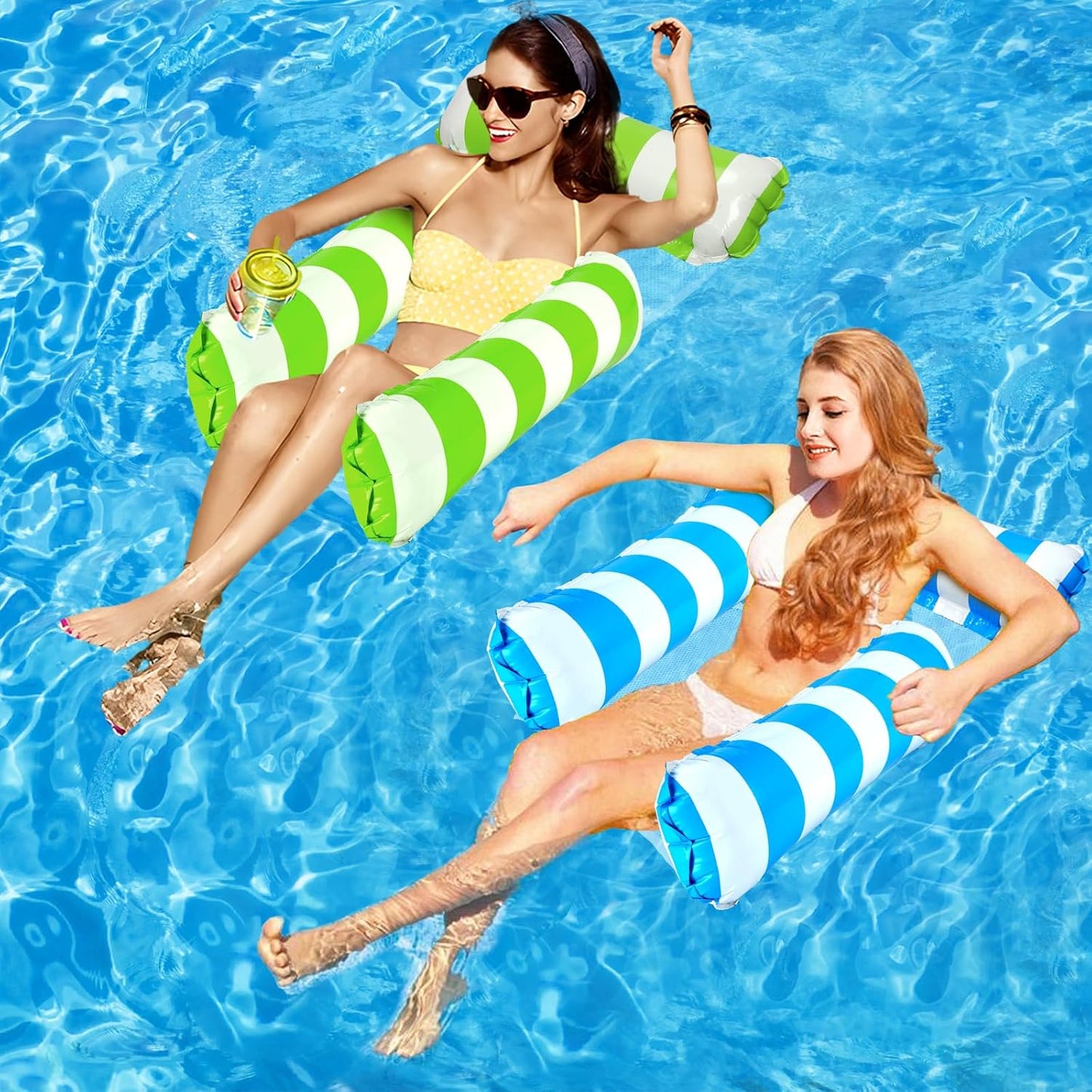 Jasonwell 2-Pack Inflatable Pool Floats – 4-in-1 Hammock with Mesh Bottom, Floating Chair Bed for Adults, Yellow & Pink Large