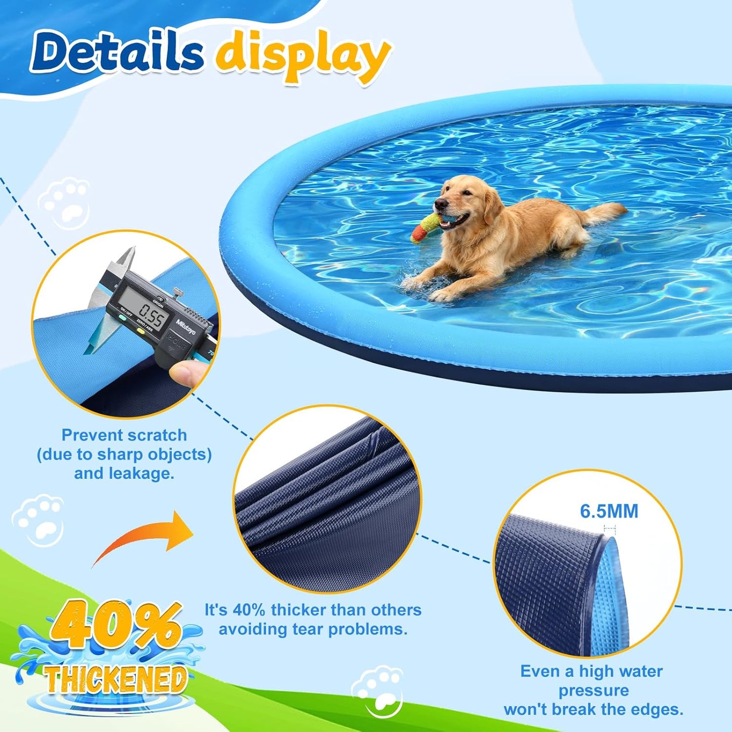 HeyGo 59" Non-Slip Splash Pad for Kids & Dogs Thick Blue Sprinkler Water Toy for Summer Fun in Yard or Pool