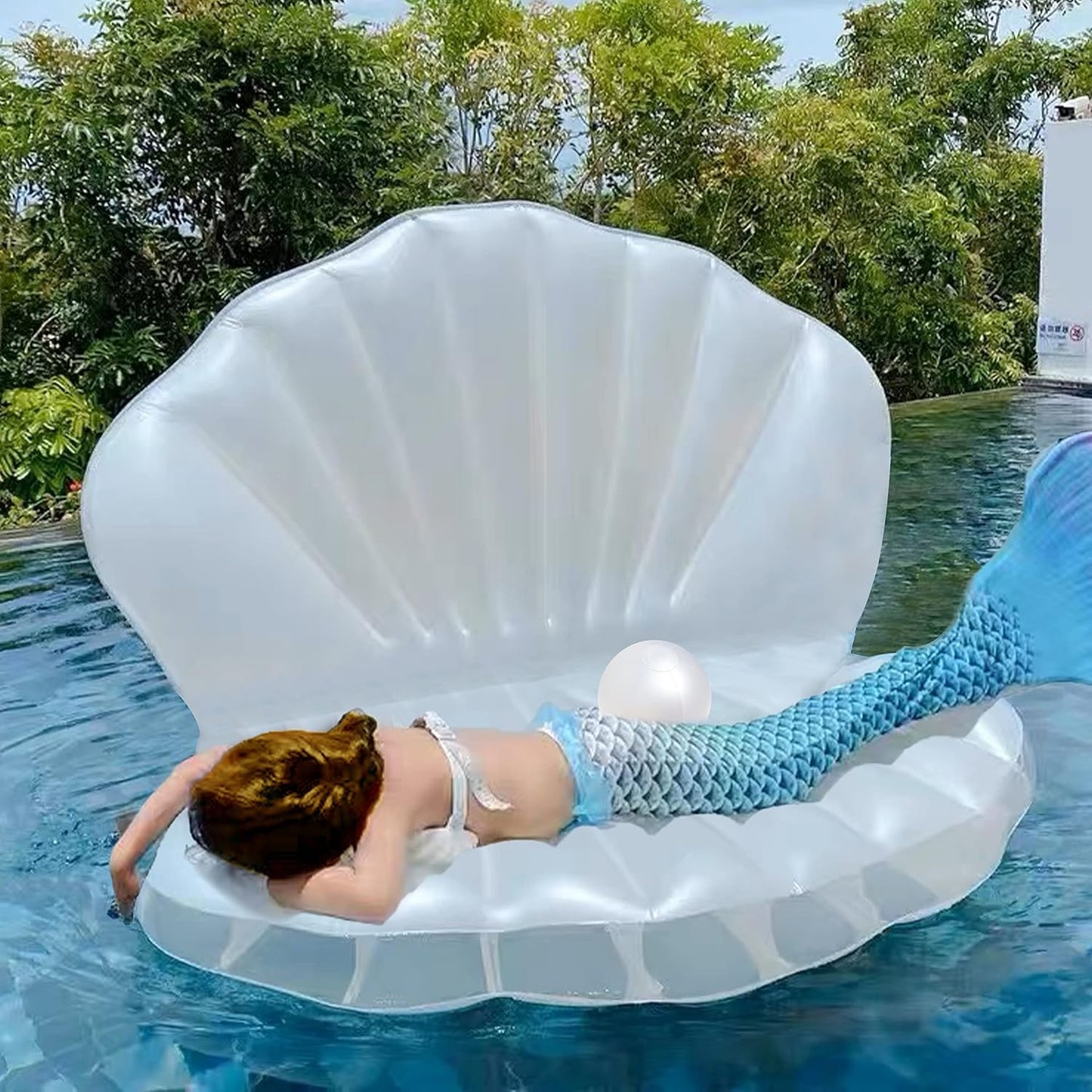 HeyGo 41" Giant Clam Pool Float with Pearl Ball, White Inflatable Shell for Kids, Perfect for Beach & Mermaid Birthday Parties