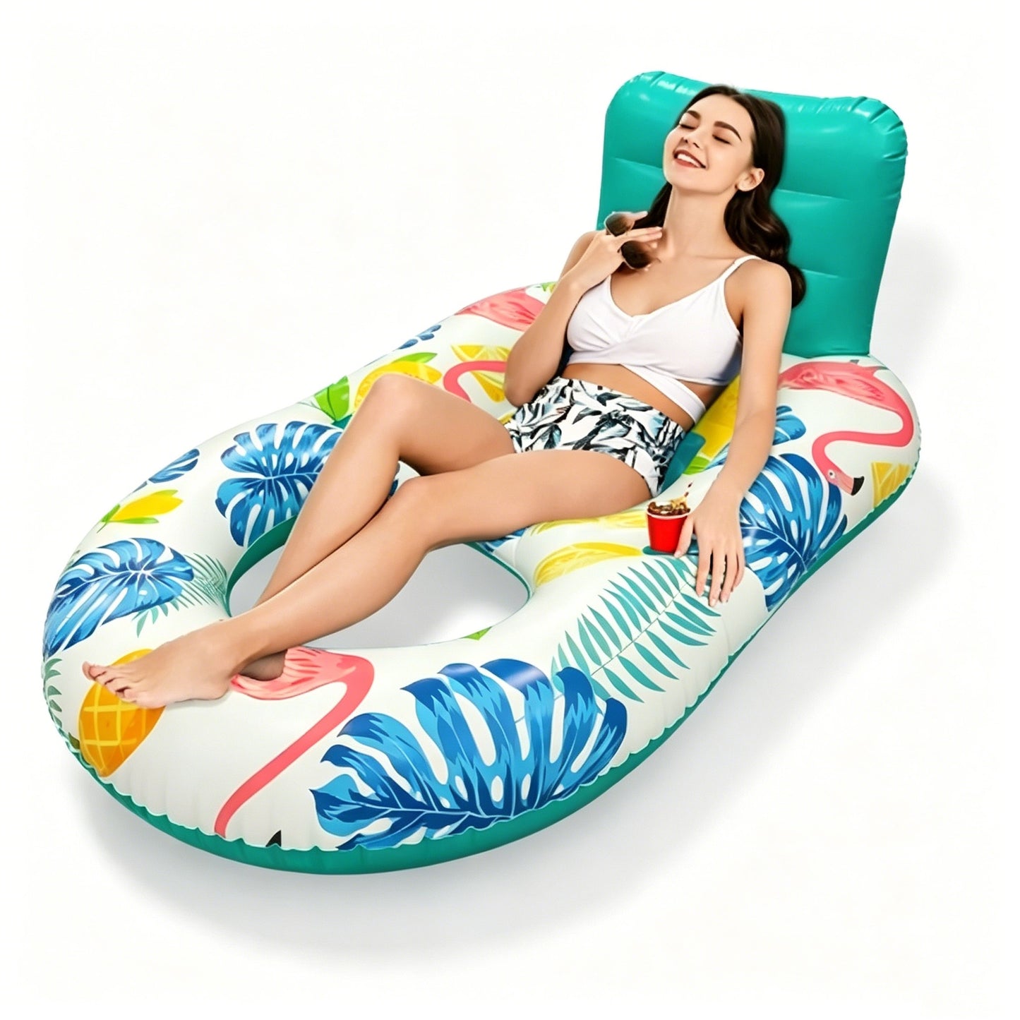 HeyGo Flamingo Large Adult Pool Float - Comfy Lounger with Cup Holders | 63x43 in for Beach, Pool & Lake