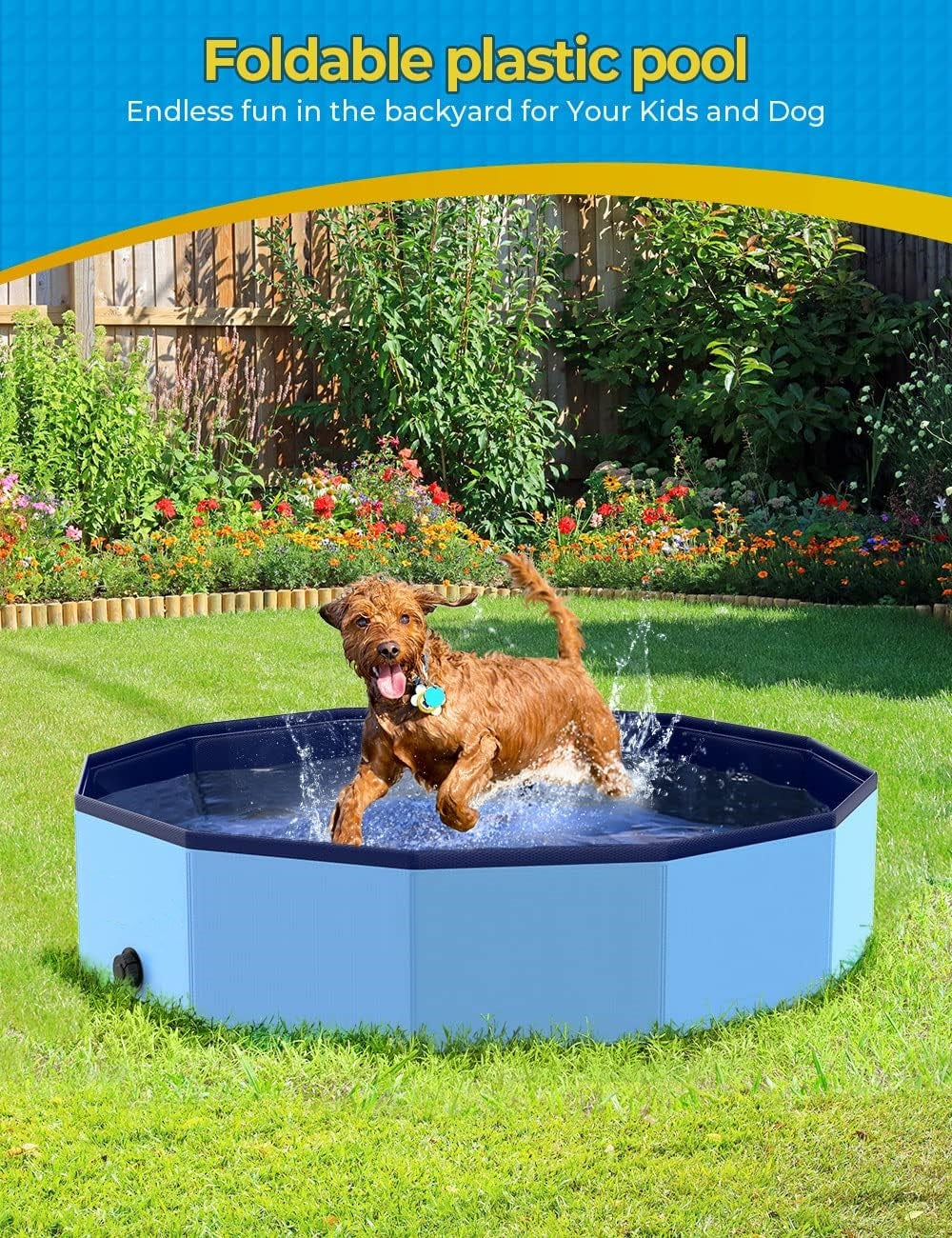 Jasonwell Medium Foldable Dog Pool, 37"x8" Portable Hard Plastic Swimming Pool for Dogs, Cats & Kids, Collapsible Pet Bathing Tub, Blue