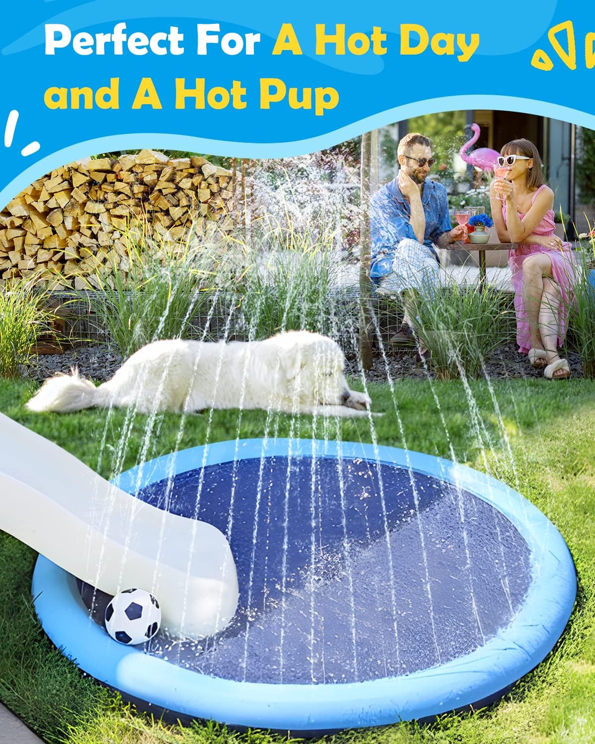 Jasonwell Splash Pad for Dogs & Kids, Anti-Slip Water Play Mat for Large Dogs, Durable Outdoor Sprinkler Toy, 67in, Blue