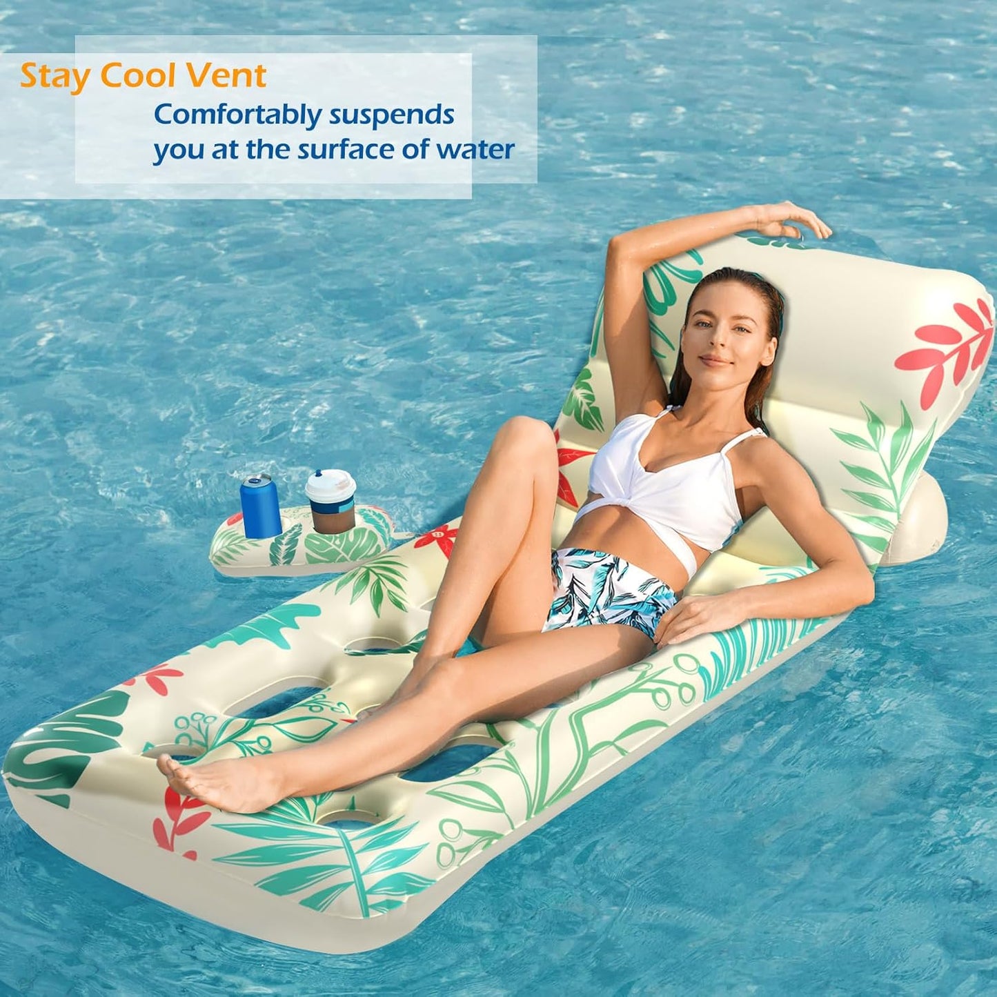 Jasonwell Inflatable Pool Float for Adults — Adjustable Backrest Lounger Raft with Cup Holders, Mesh Seat for Pool, Lake & Beach - Beige