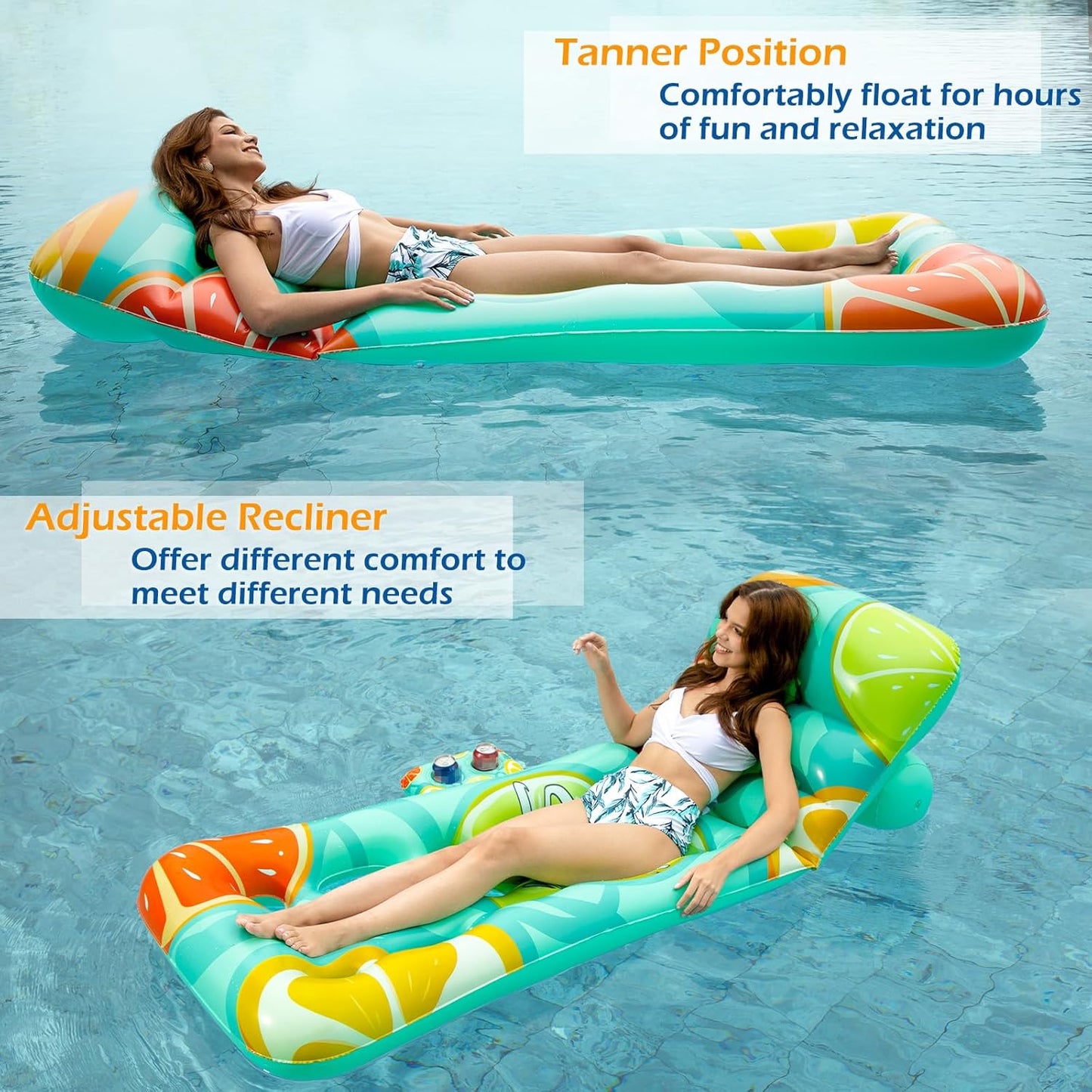 Jasonwell Inflatable Pool Float for Adults — Adjustable Backrest Lounger Raft with Cup Holders, Mesh Seat for Pool, Lake & Beach - Fruit
