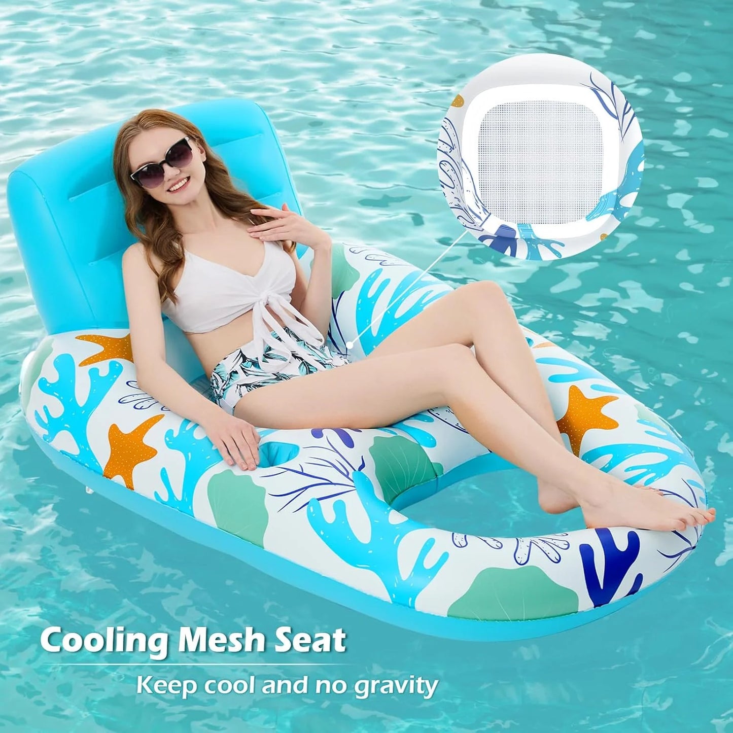 Jasonwell Inflatable Pool Float for Adults — Lounger Raft with Cup Holders, Floating Chair for Pool, Lake & Beach - O-Blue