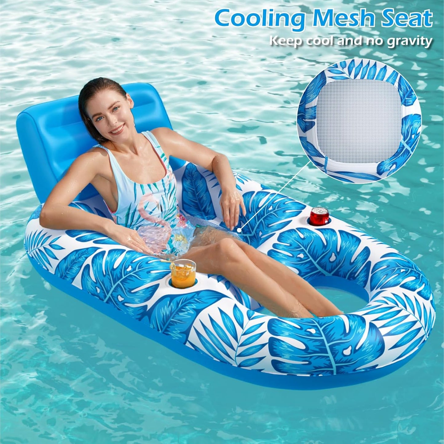 Jasonwell Inflatable Pool Float for Adults — Lounger Raft with Cup Holders, Floating Chair for Pool, Lake & Beach - Blue