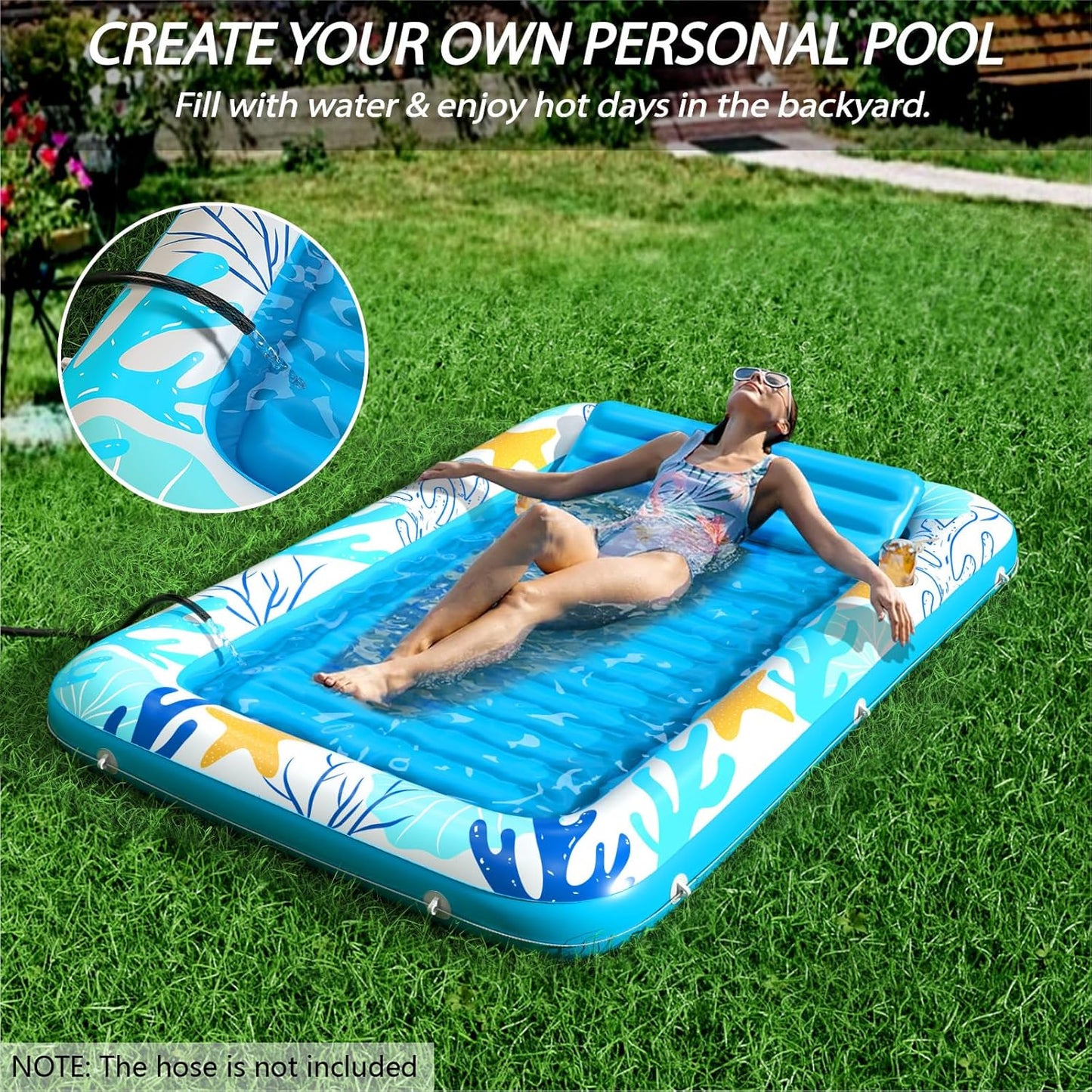 Jasonwell 4-in-1 Inflatable Tanning Lounger, Sun Tan Tub & Pool Raft, Water-Filled Mat for Adults & Kids (XL), Ocean Aqua