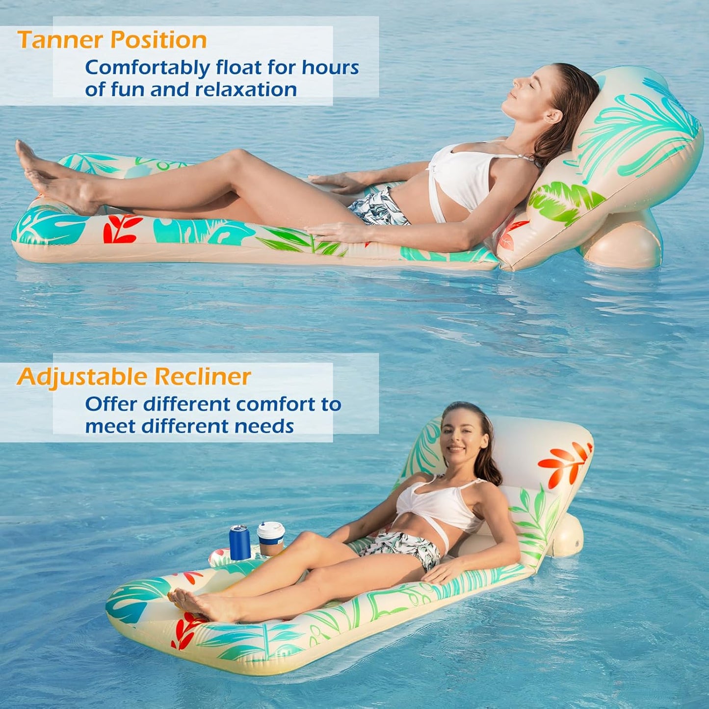 Jasonwell Inflatable Pool Float for Adults — Adjustable Backrest Lounger Raft with Cup Holders, Mesh Seat for Pool, Lake & Beach - Beige