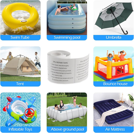 8.2 Ft Roll Pool Patch Kit – TPU Patches for Air Mattresses, Bounce Houses, Pool Floats, Vinyl Pools & Tent Canvas with 3 Deflation Tubes