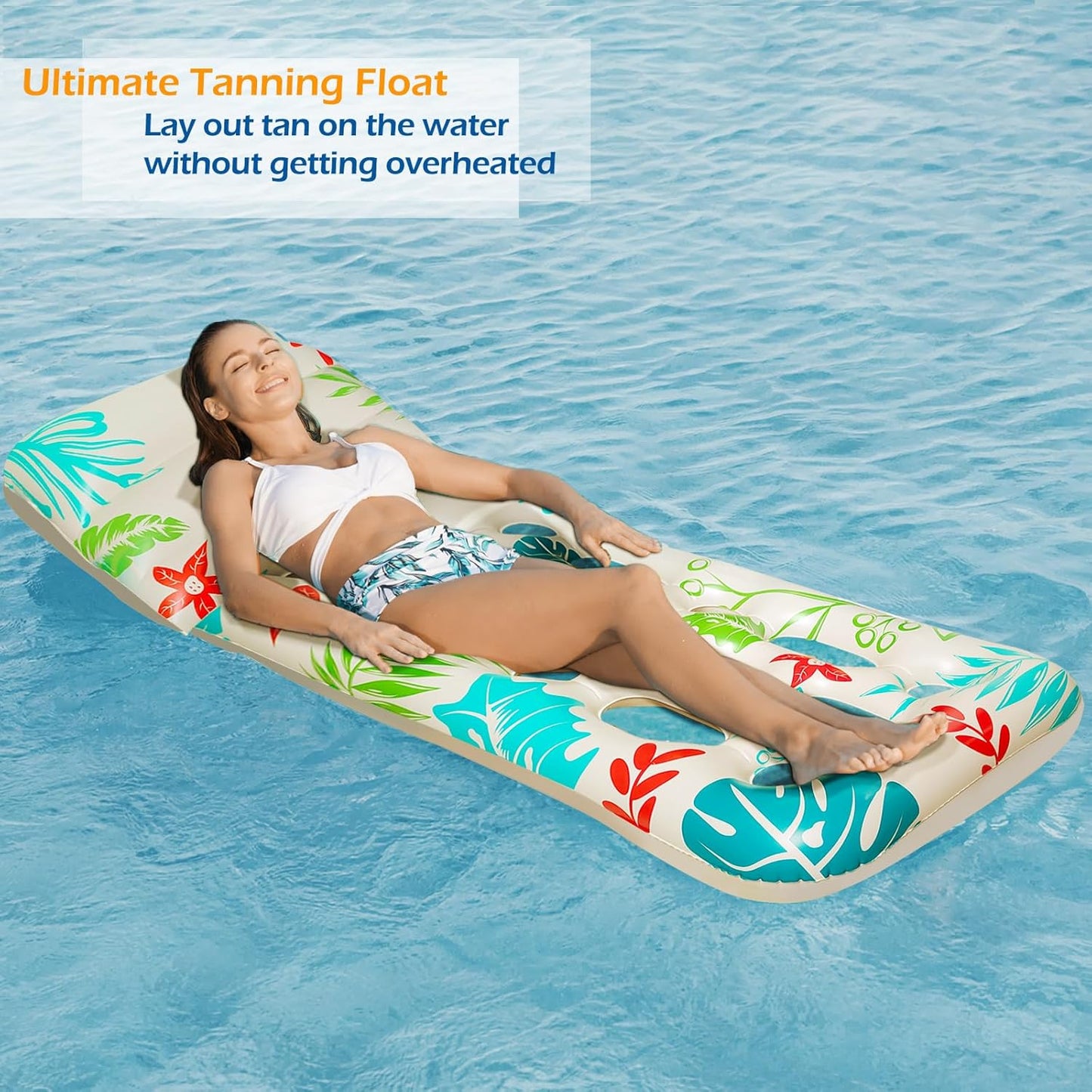 Jasonwell Inflatable Pool Float for Adults — Adjustable Backrest Lounger Raft with Cup Holders, Mesh Seat for Pool, Lake & Beach - Beige