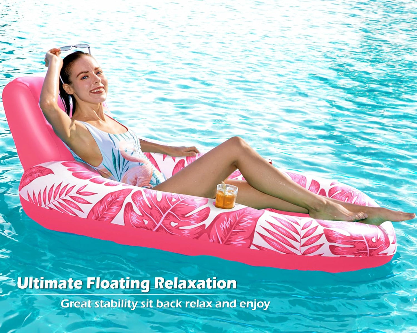Jasonwell Inflatable Pool Float for Adults — Lounger Raft with Cup Holders, Floating Chair for Pool, Lake & Beach - TropicalRose