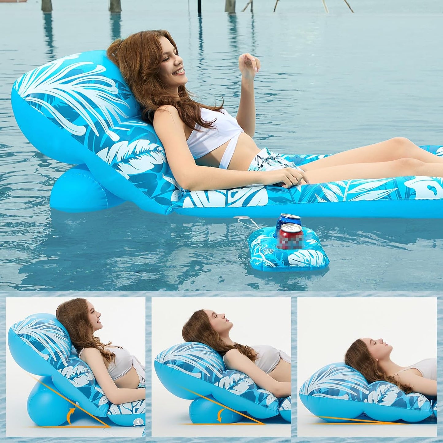 Jasonwell Inflatable Pool Float for Adults — Adjustable Backrest Lounger Raft with Cup Holders, Mesh Seat for Pool, Lake & Beach - Bluewhite