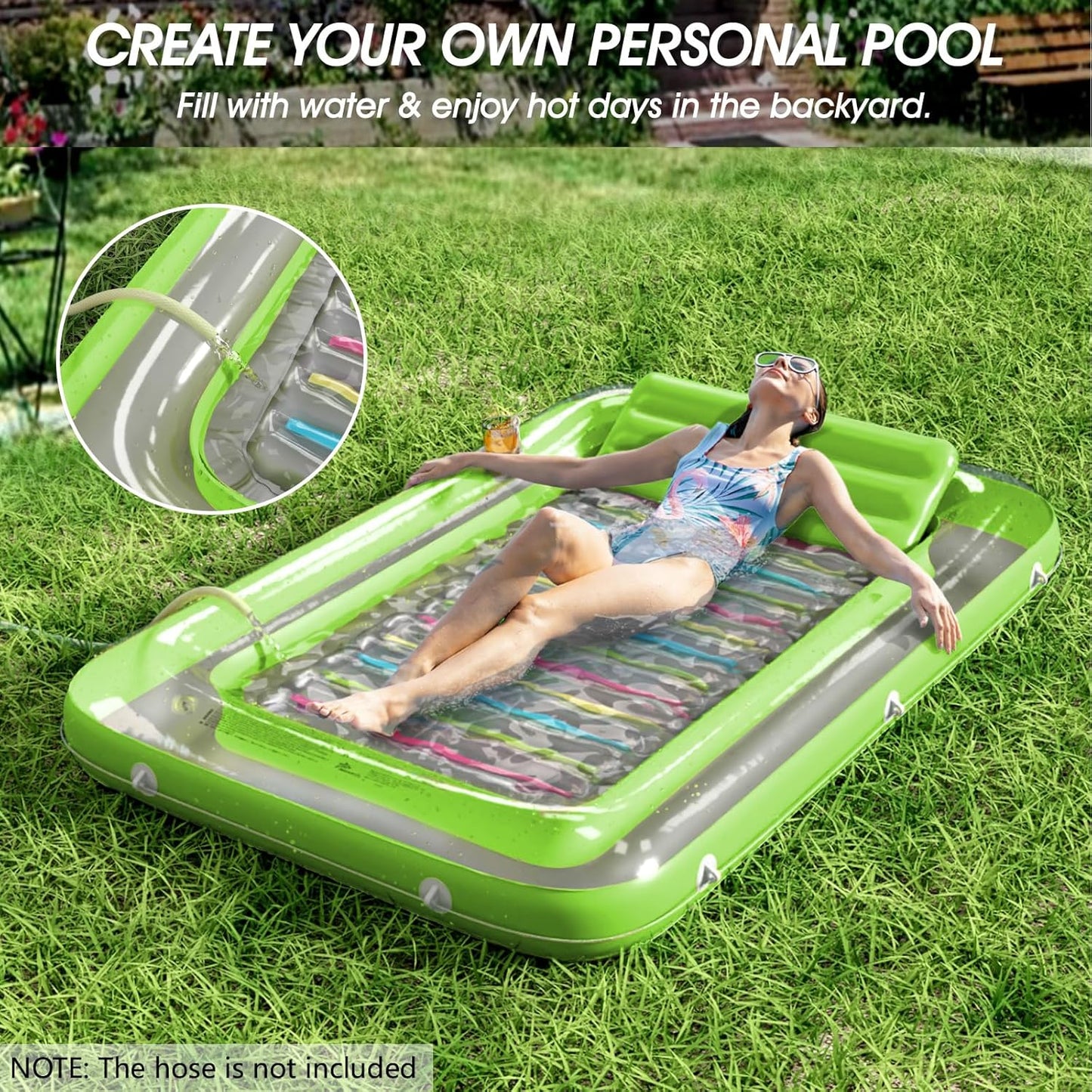Jasonwell 4‑in‑1 Inflatable Tanning Lounger — Sun Tan Tub & Pool Raft, Water‑Filled Mat/Pad for Adults & Kids (Large) - Lime w reflective base