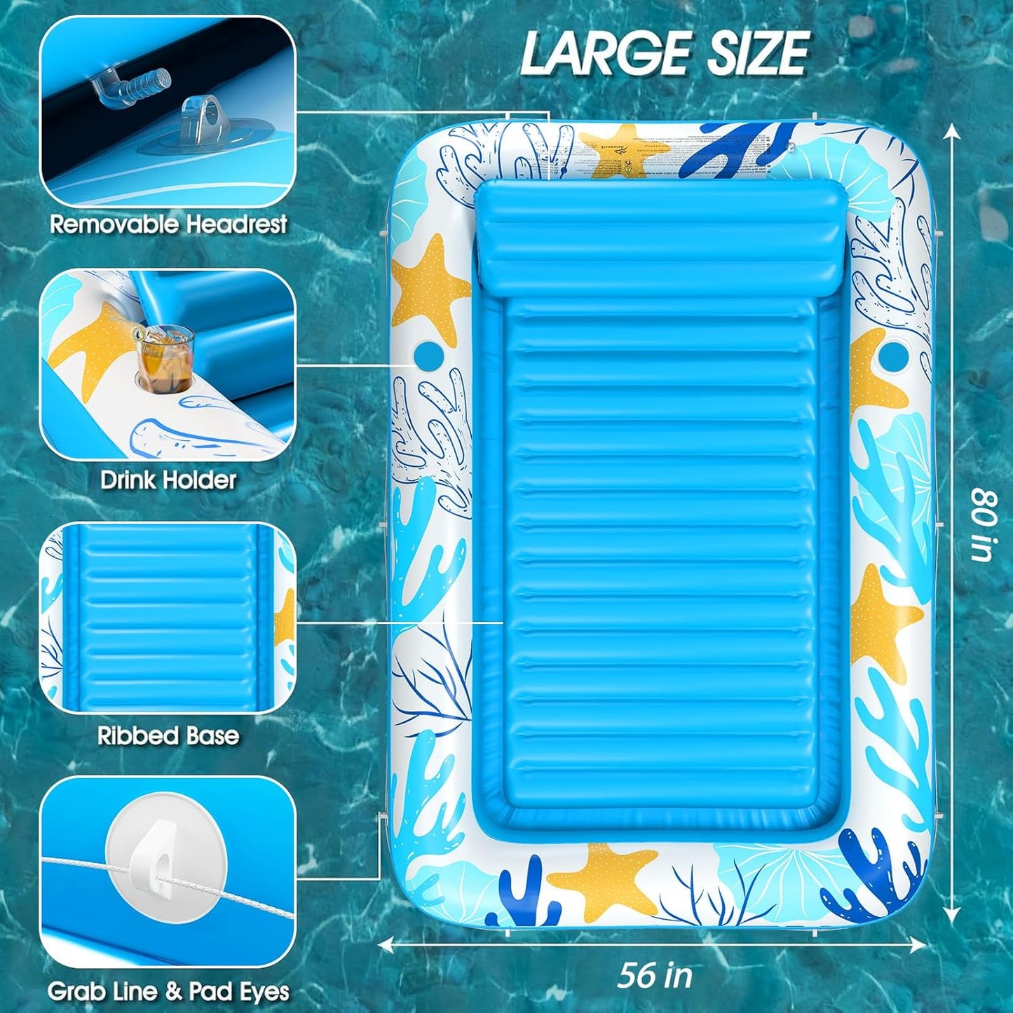 Jasonwell 4-in-1 Inflatable Tanning Lounger, Sun Tan Tub & Pool Raft, Water-Filled Mat for Adults & Kids (XL), Ocean Aqua