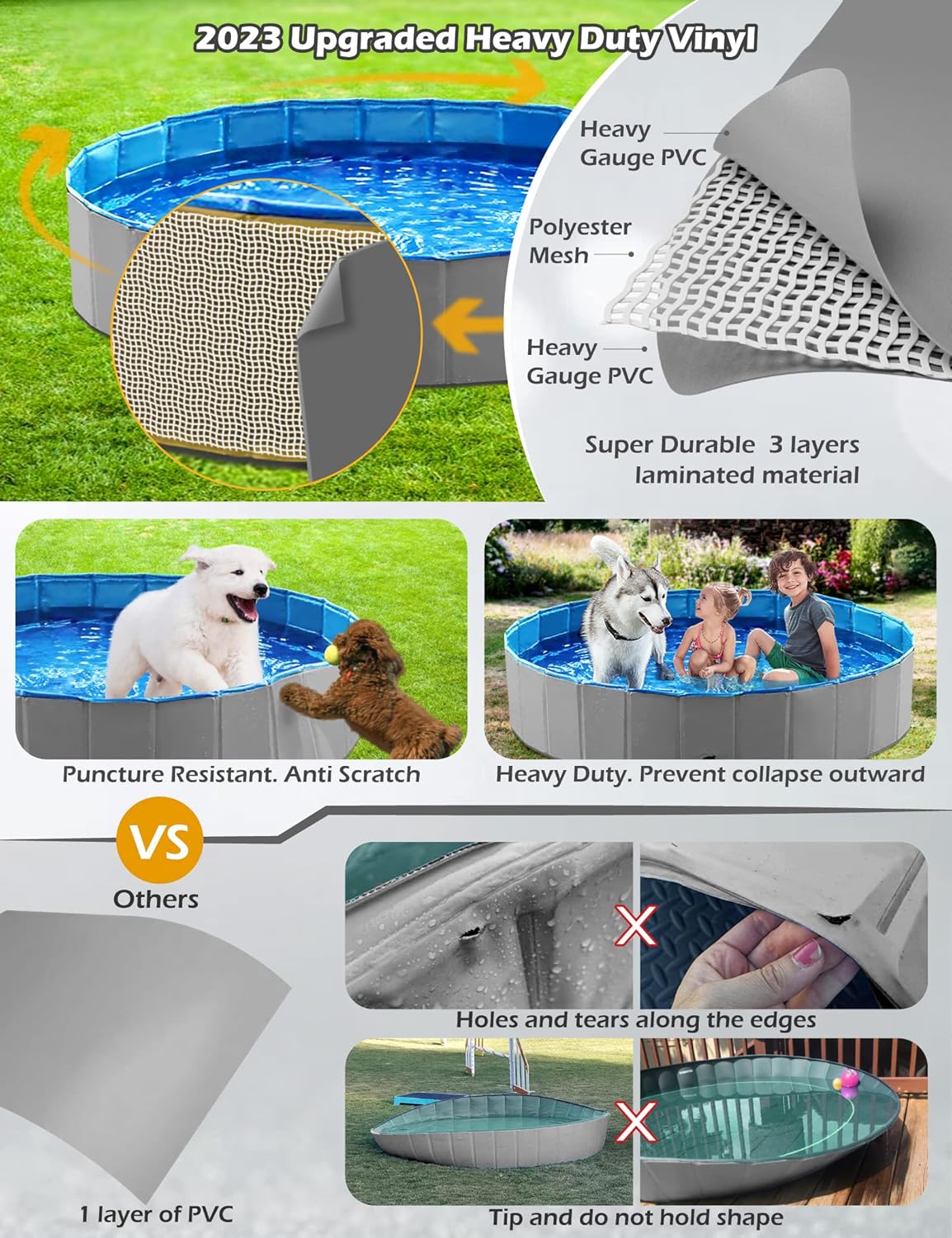 Jasonwell Foldable Pet Pool - Collapsible Dog Bath & Wading Tub for All-Size Dogs & Kids - 48" - Mdf Wood Gray