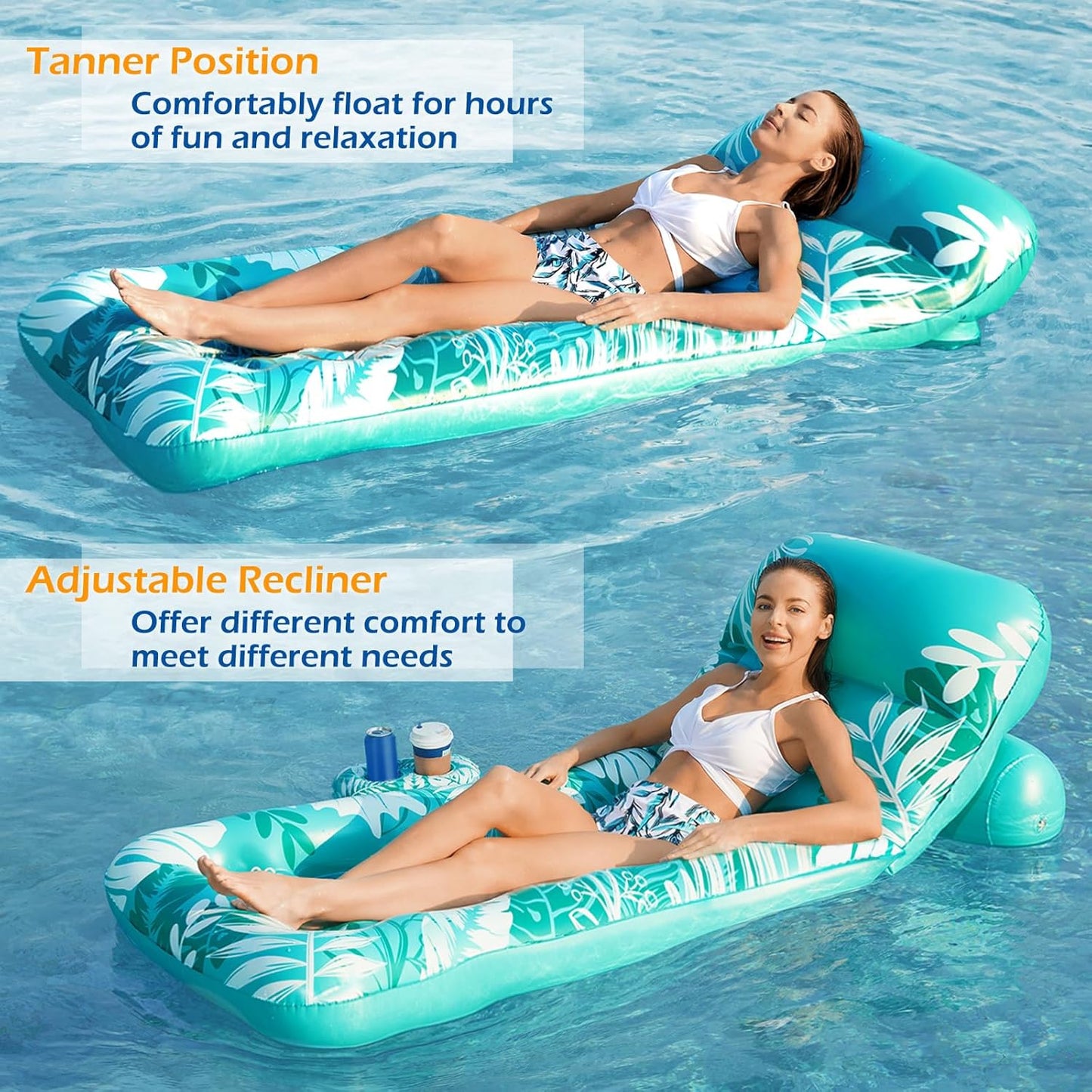 Jasonwell Inflatable Pool Float for Adults — Adjustable Backrest Lounger Raft with Cup Holders, Mesh Seat for Pool, Lake & Beach - Cyan