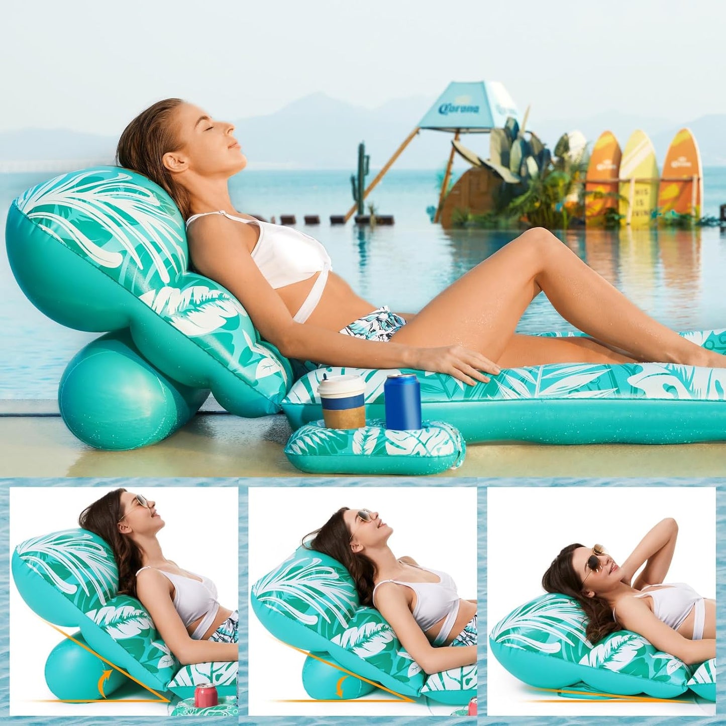 Jasonwell Inflatable Pool Float for Adults — Adjustable Backrest Lounger Raft with Cup Holders, Mesh Seat for Pool, Lake & Beach - Cyan