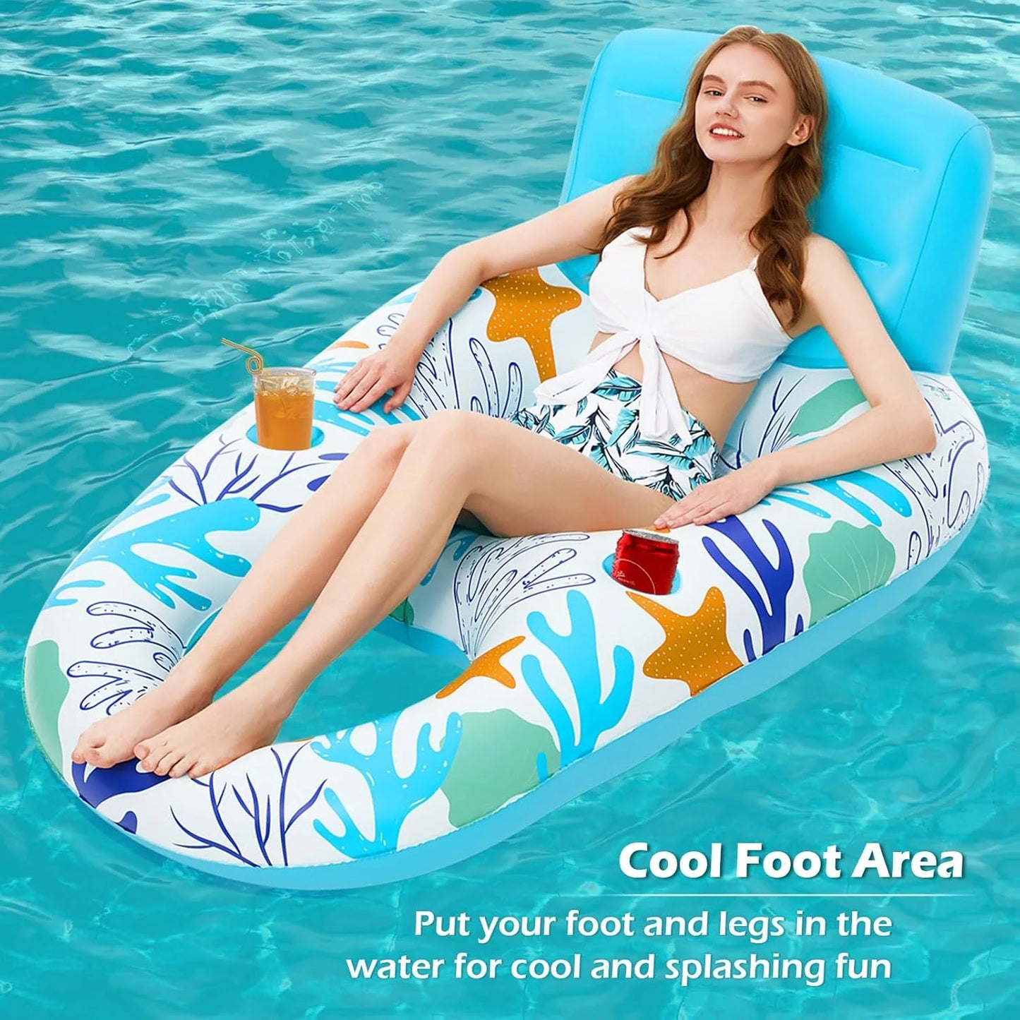 Jasonwell Inflatable Pool Float for Adults — Lounger Raft with Cup Holders, Floating Chair for Pool, Lake & Beach - O-Blue