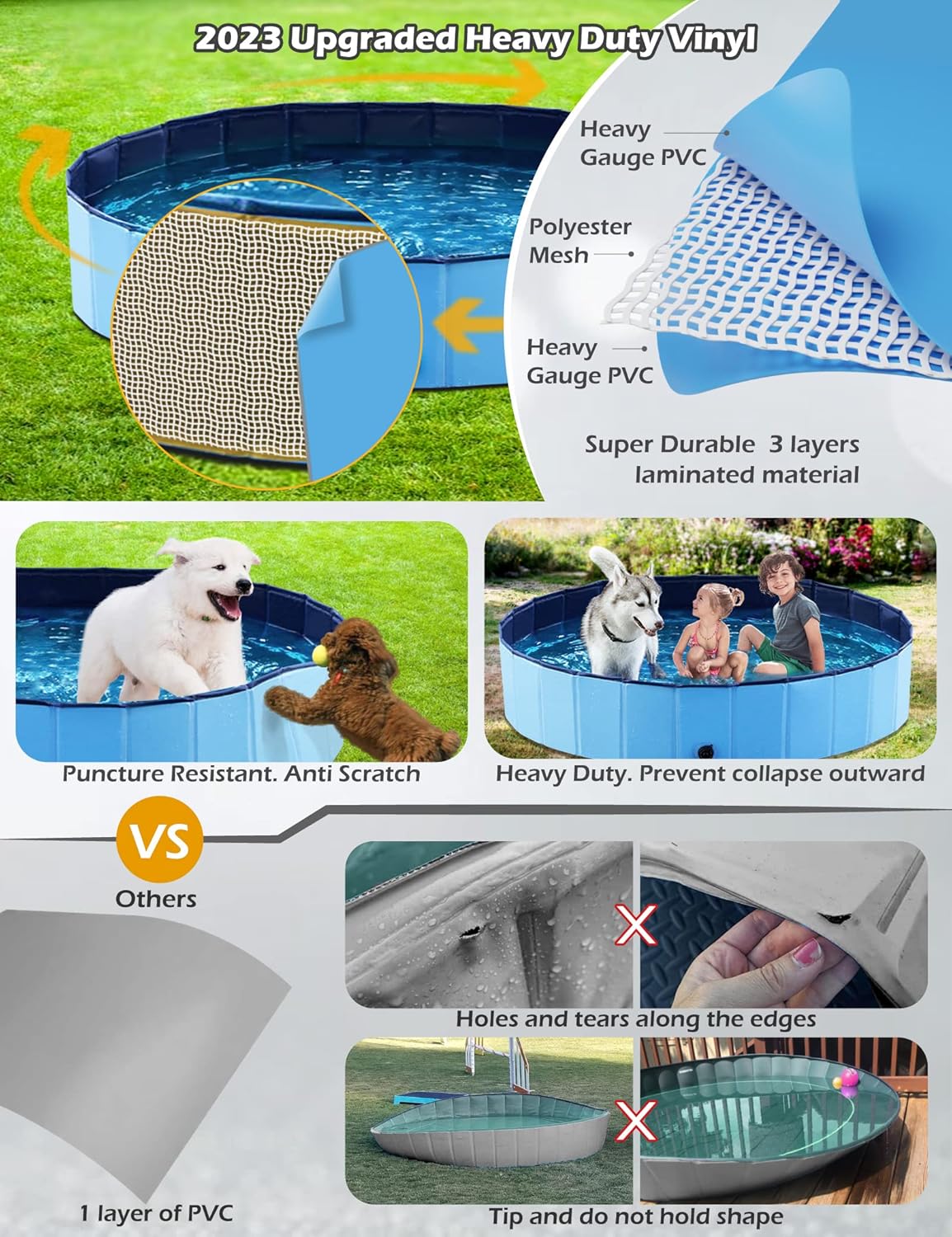 Jasonwell Foldable Hard Plastic Dog Pool - Collapsible Pet Swimming Pool & Bath Tub for Dogs - 32" - Plastic Board Blue