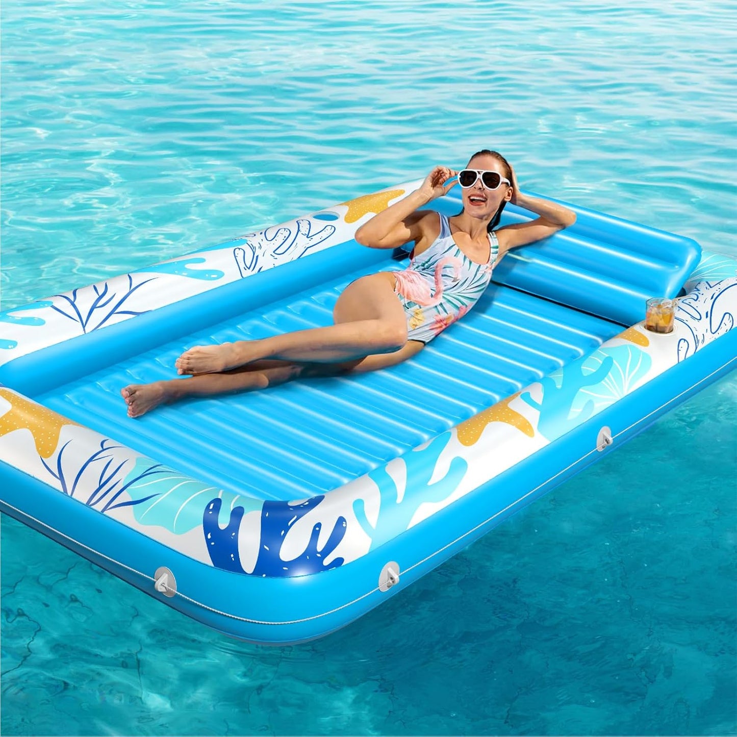 Jasonwell 4-in-1 Inflatable Tanning Lounger, Sun Tan Tub & Pool Raft, Water-Filled Mat for Adults & Kids (XL), Ocean Aqua