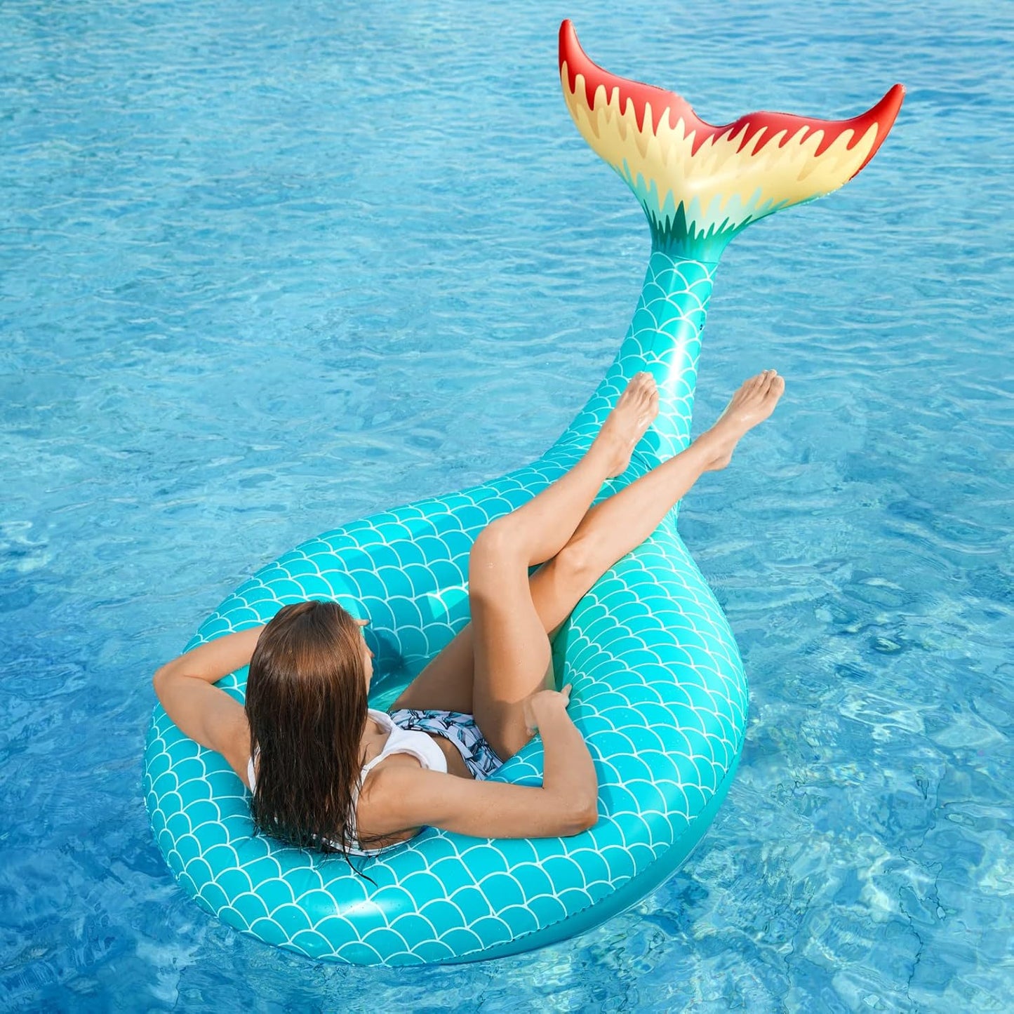 Jasonwell Giant Inflatable Mermaid Tail Pool Float – Fast Valves, Summer Lounge Raft for Adults & Kids, Green, Large