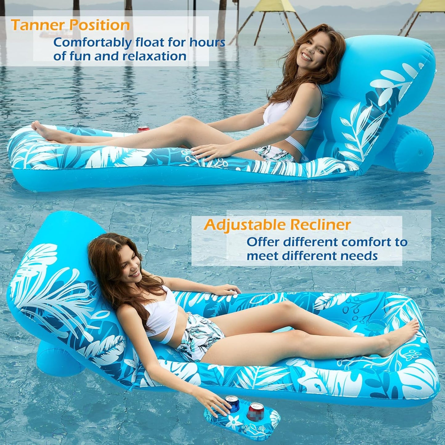 Jasonwell Inflatable Pool Float for Adults — Adjustable Backrest Lounger Raft with Cup Holders, Mesh Seat for Pool, Lake & Beach - Bluewhite