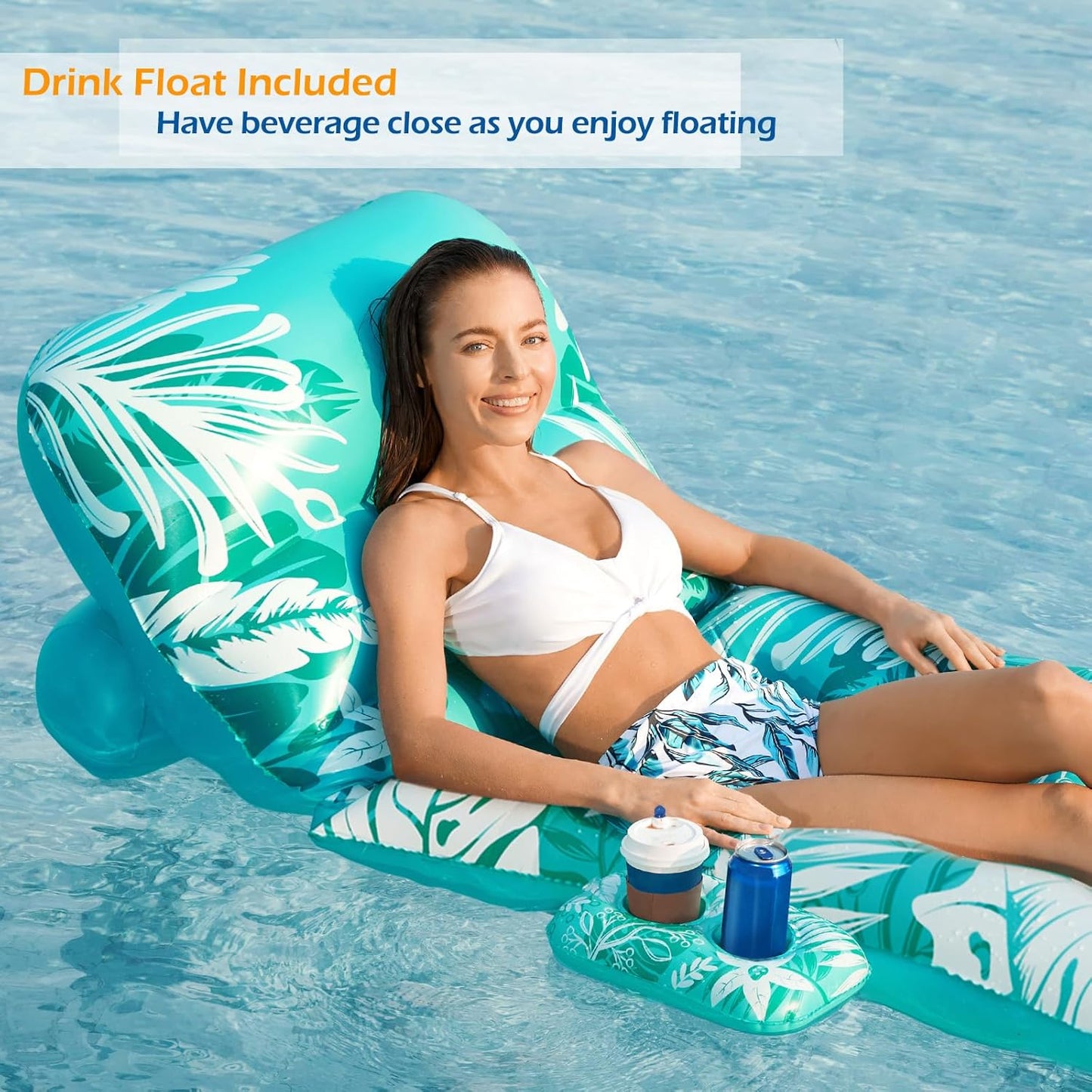 Jasonwell Inflatable Pool Float for Adults — Adjustable Backrest Lounger Raft with Cup Holders, Mesh Seat for Pool, Lake & Beach - Cyan