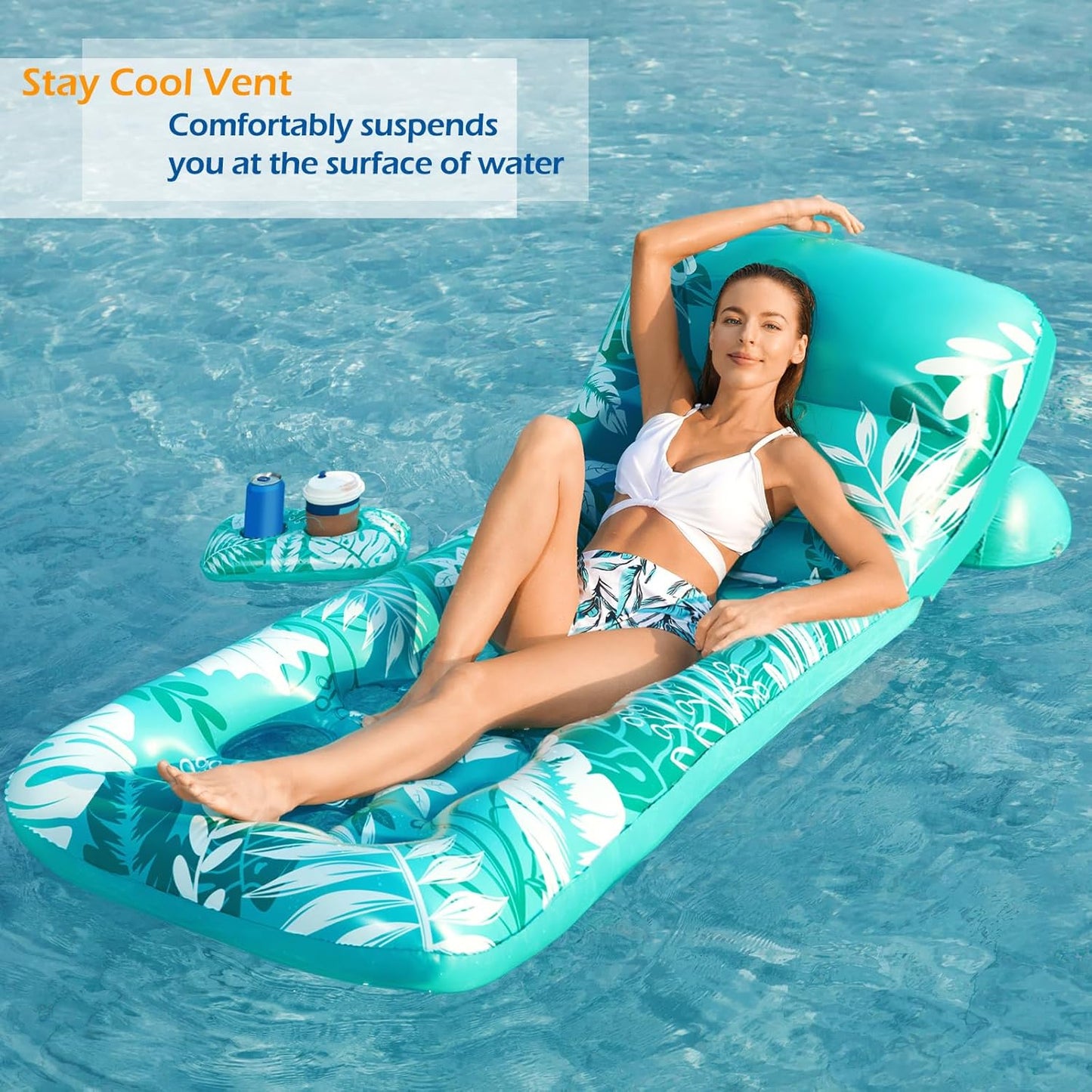 Jasonwell Inflatable Pool Float for Adults — Adjustable Backrest Lounger Raft with Cup Holders, Mesh Seat for Pool, Lake & Beach - Cyan