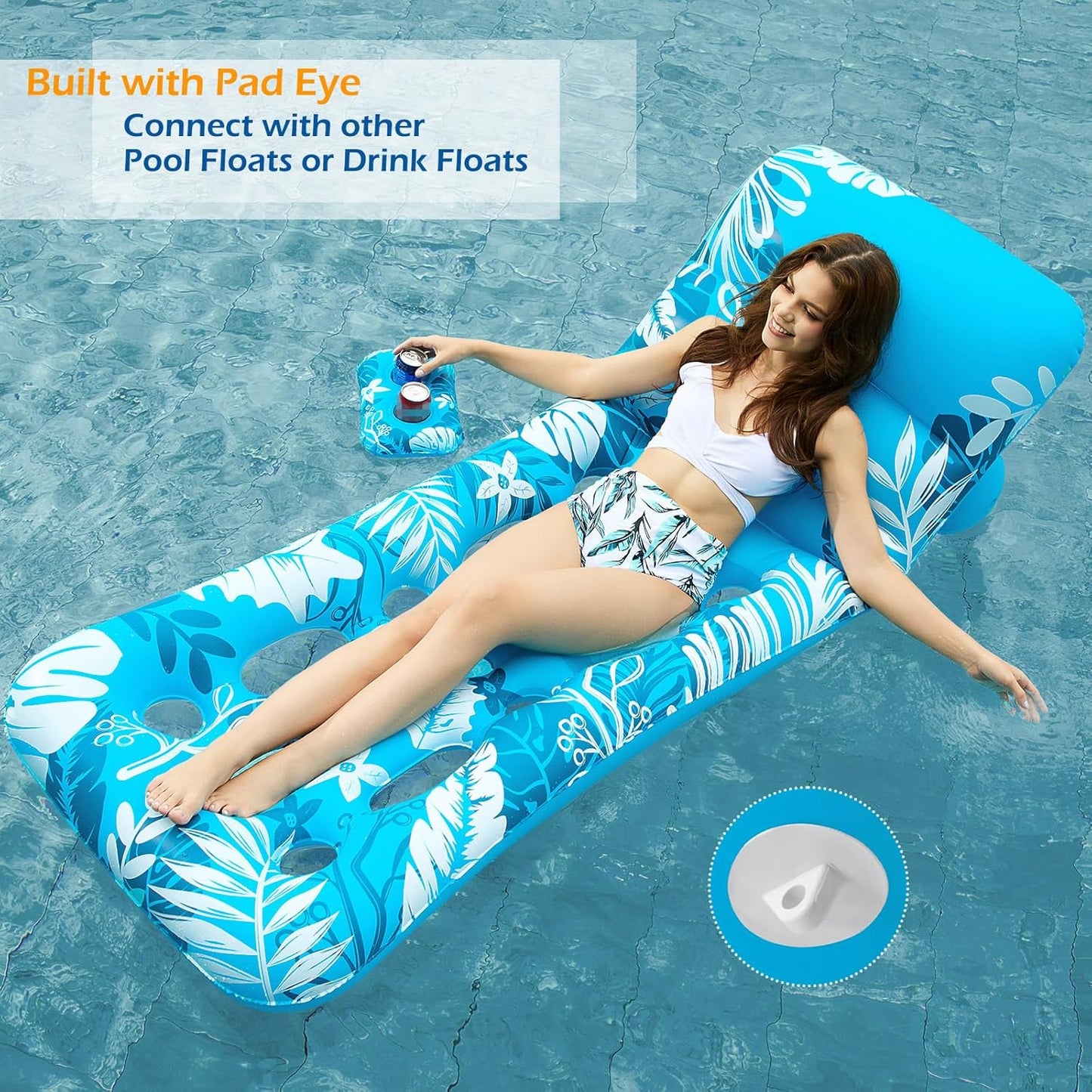 Jasonwell Inflatable Pool Float for Adults — Adjustable Backrest Lounger Raft with Cup Holders, Mesh Seat for Pool, Lake & Beach - Bluewhite