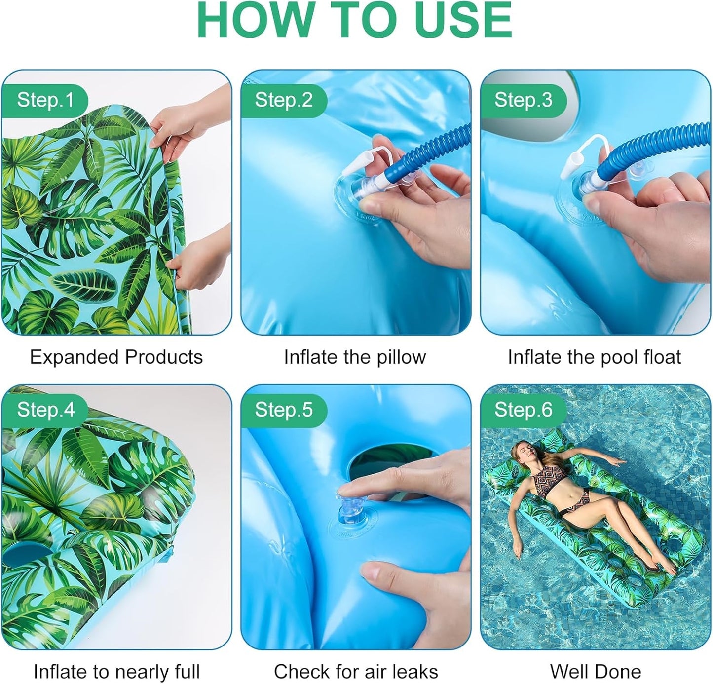 HeyGo 71"x34" Inflatable Pool Float, 21-Hole Green Adult Lounger with Headrest and Drink Holder, Heavy Duty for Pools & Beaches