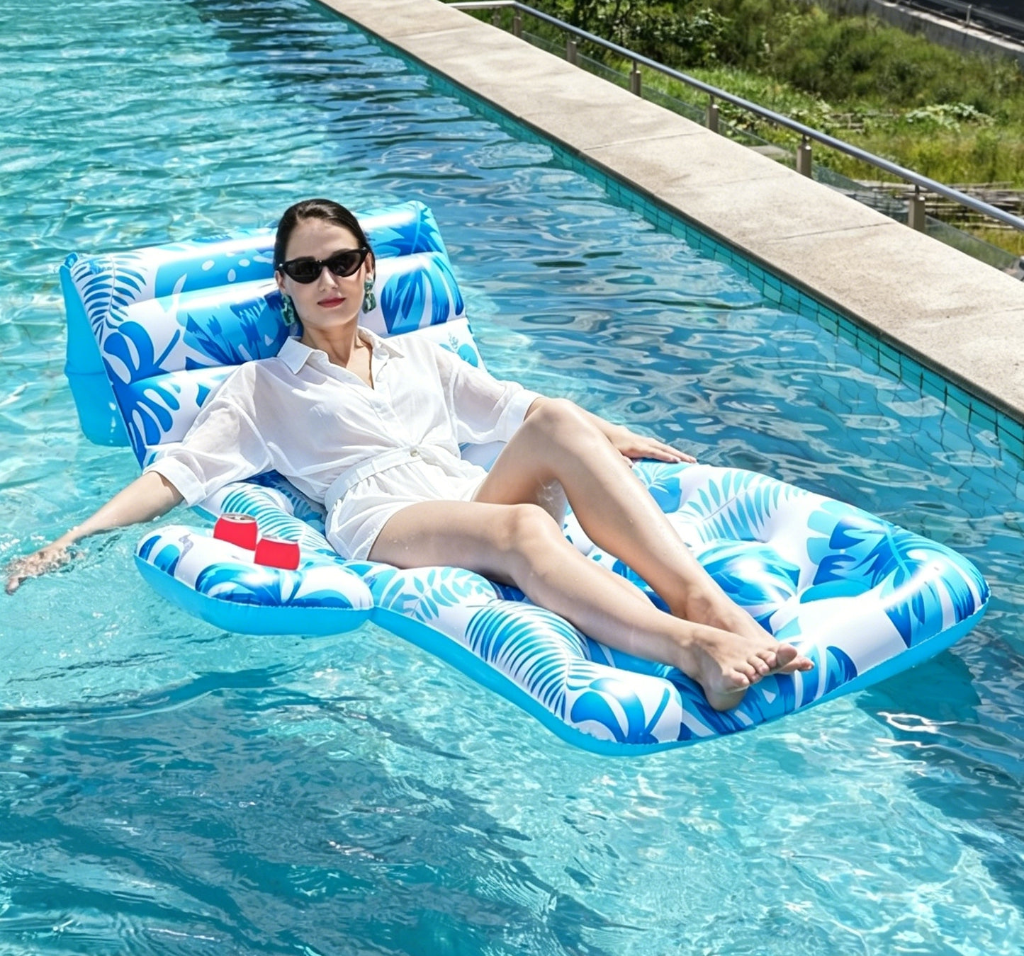 HeyGo 71"x35" Inflatable Pool Float Lounger, Blue Floral Reclining Raft with Headrest, Portable PVC Bed for Beach & Lake Fun