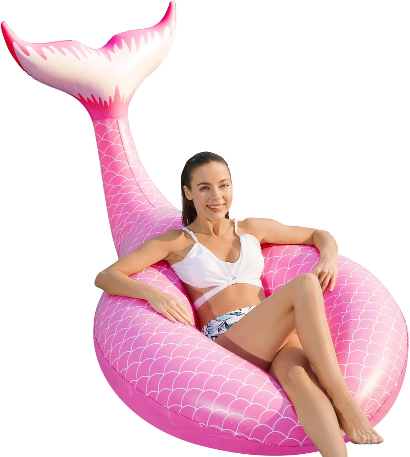 Jasonwell Giant Inflatable Mermaid Tail Pool Float – Pink Summer Party Raft for Kids & Adults, Large with Fast Valves