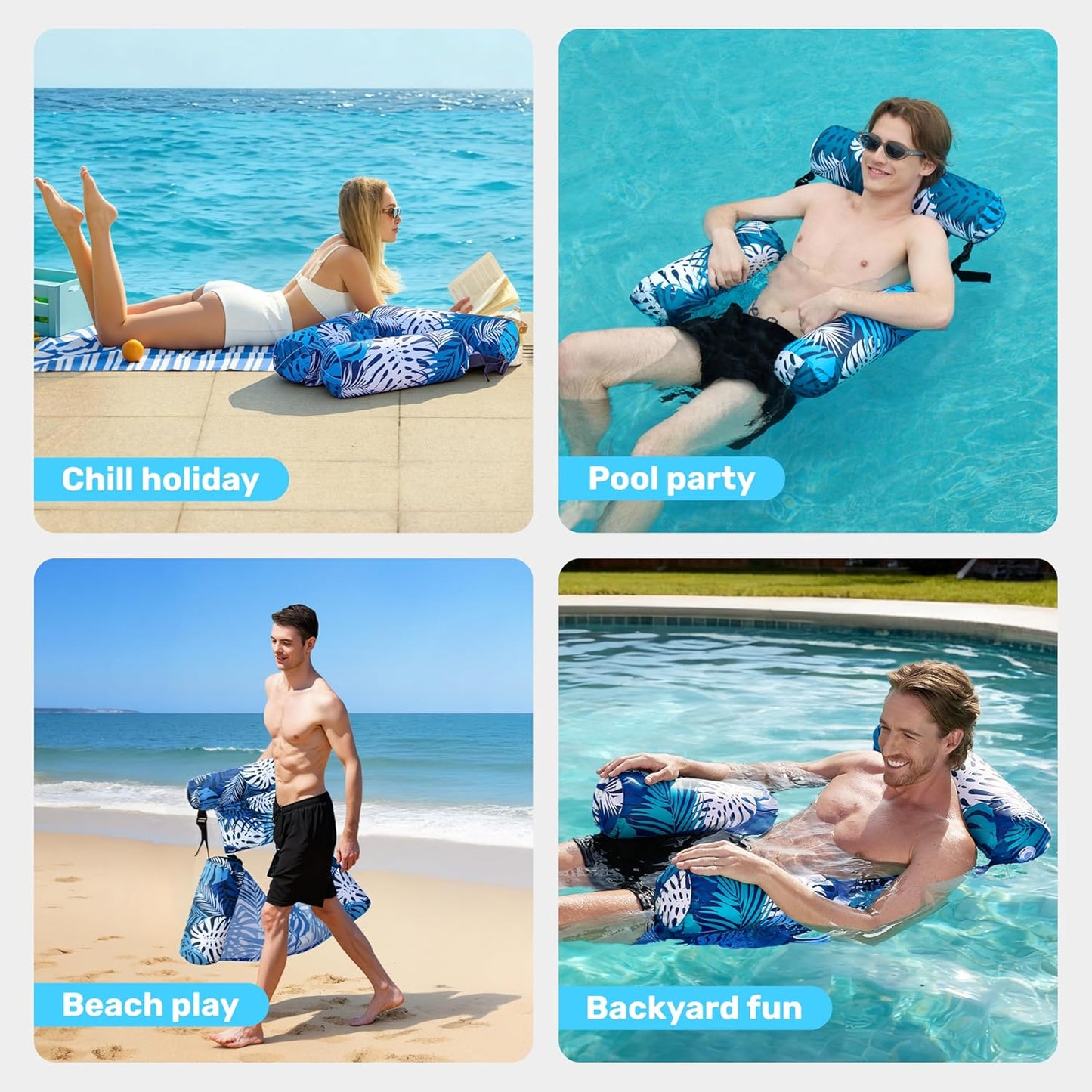 HeyGo Inflatable Pool Float Adult Lounge Chair - Blue Plant Pattern Cloth Floating Mat for Summer Lake & Beach, 46" x 33"