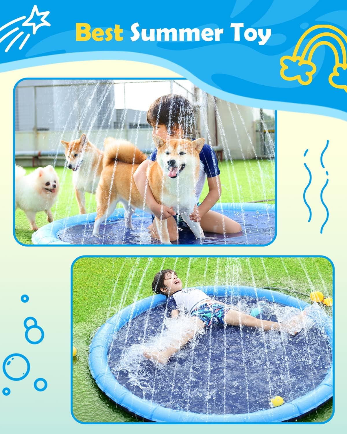 Jasonwell Splash Pad for Dogs & Kids, Anti-Slip Water Play Mat for Large Dogs, Durable Outdoor Sprinkler Toy, 67in, Blue