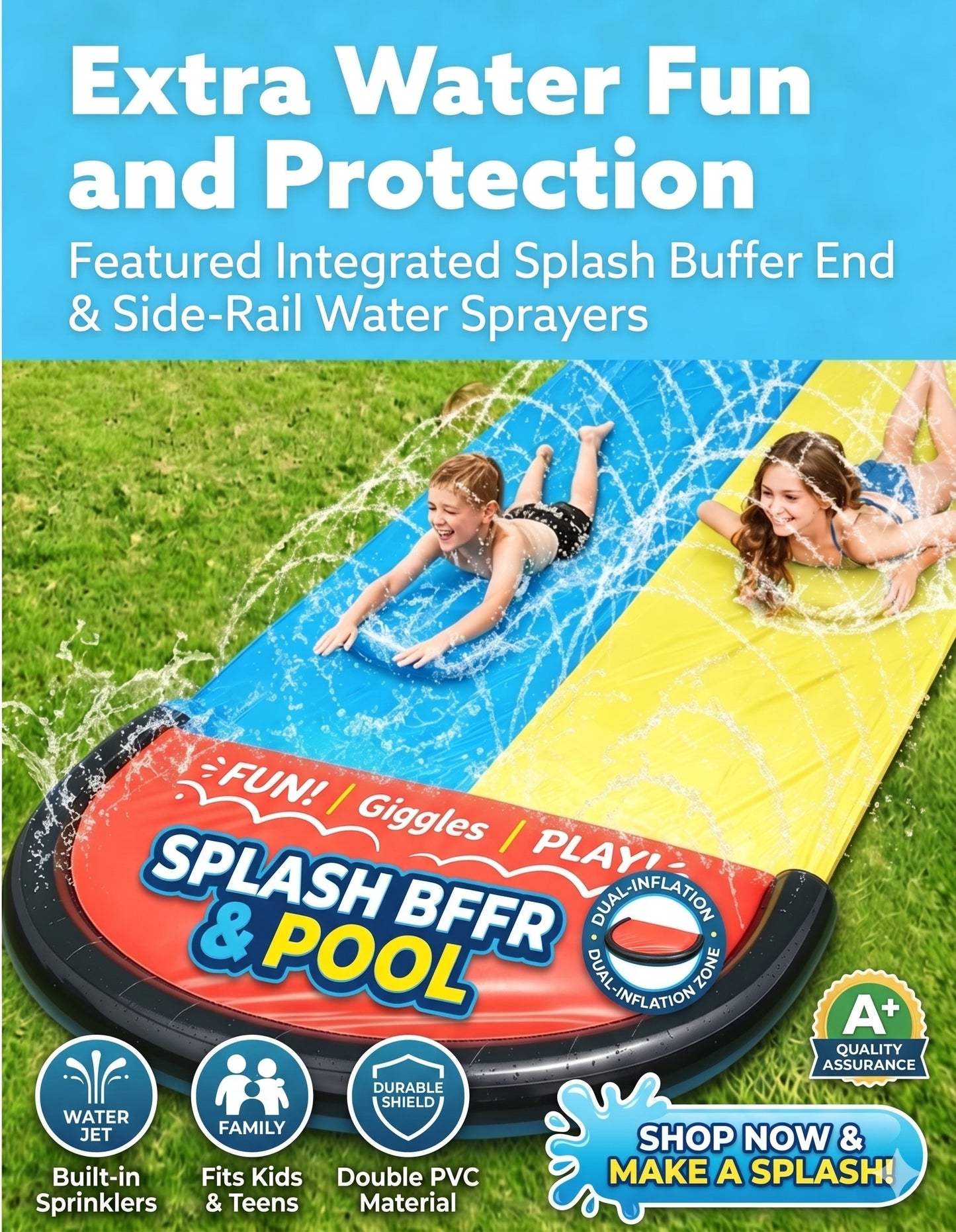HeyGo Double Lane Water Slide with 2 Inflatable Boards 189" x 57" Lawn Slip Sprinkler for Kids and Adults Summer Outdoor Fun Toy