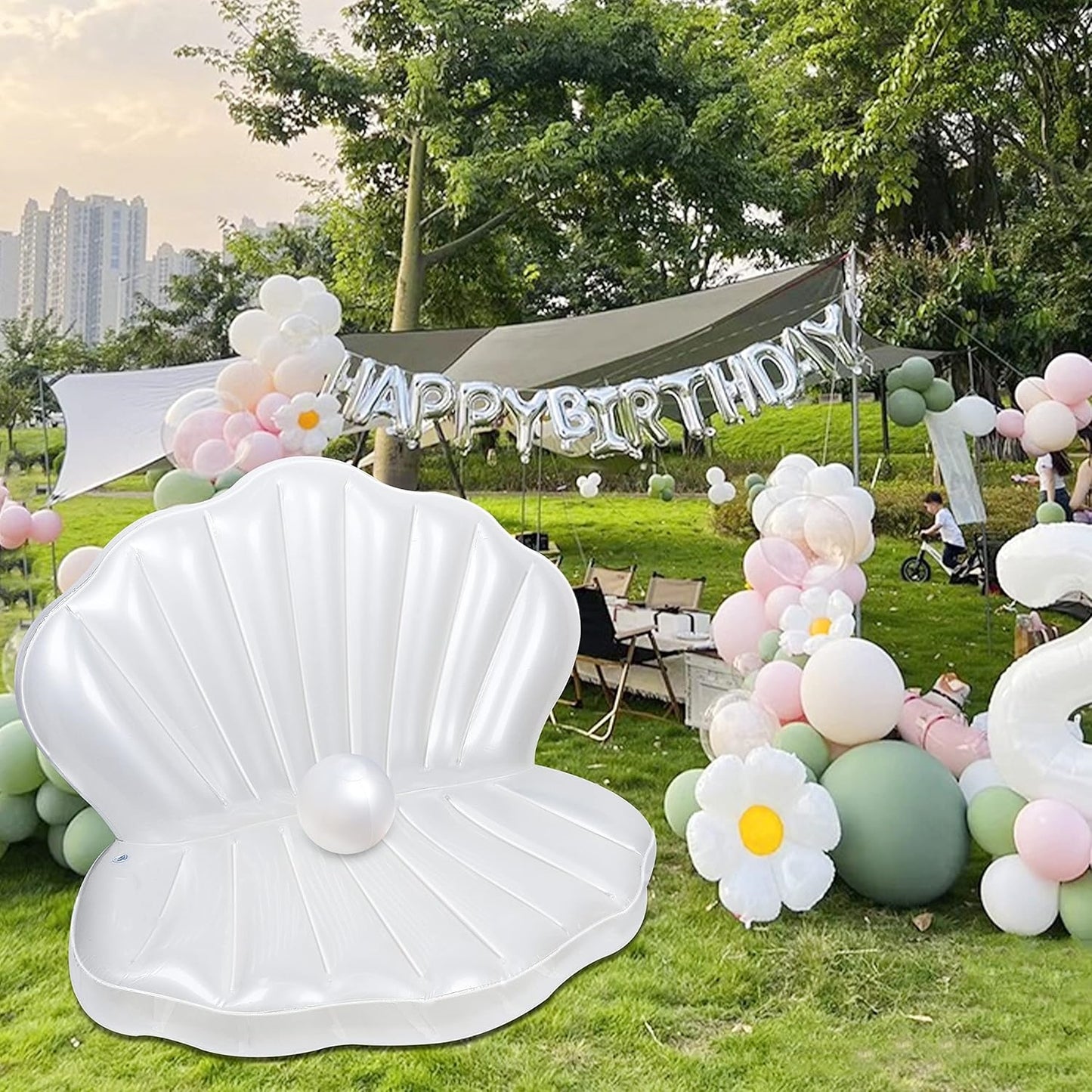Jasonwell Inflatable Seashell Pool Float, Giant Clam Toy with Pearl Ball for Kids' Birthday, Summer Beach & Mermaid Party (White)
