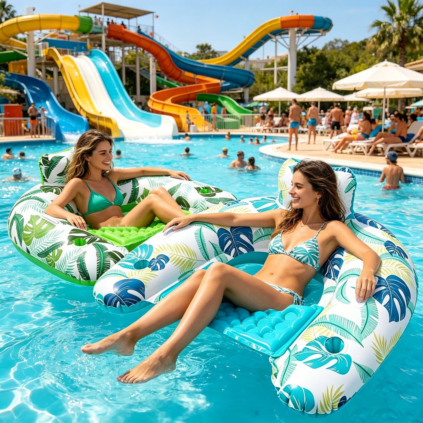 HeyGo 2-Pack U-Shaped Inflatable Pool Float Chairs with Cup Holders (Blue & Green, 44x37 in) Lounger for Summer Fun