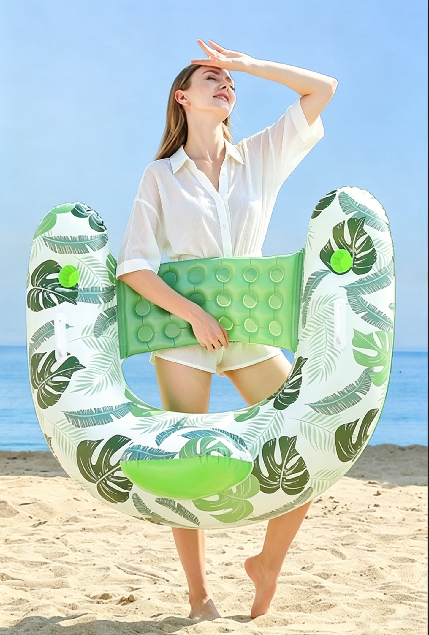 HeyGo 44"x37" Green Inflatable Pool Float Chair, U-Shaped Hammock with Cupholders - Comfort Lounger for Summer Pool & Lake Fun