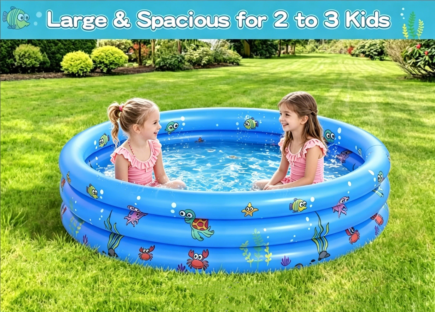 HeyGo 3-Ring Inflatable Kiddie Pool, Cartoon Sea Animal Print, Blue Baby Swimming Pool for Backyard, Garden & Summer Water Fun