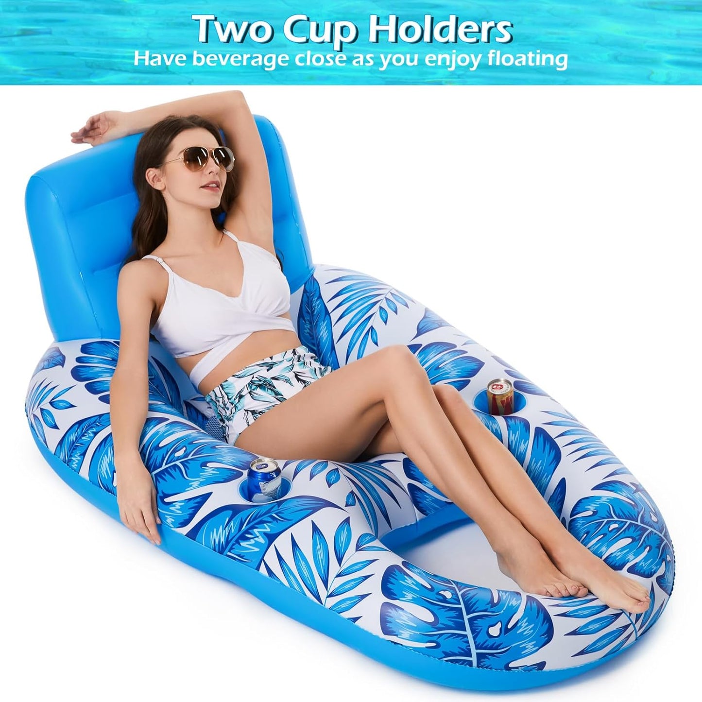 Jasonwell Inflatable Pool Float for Adults, Lounger Raft with Cup Holders, Floating Chair for Pool, Lake & Beach, Blue